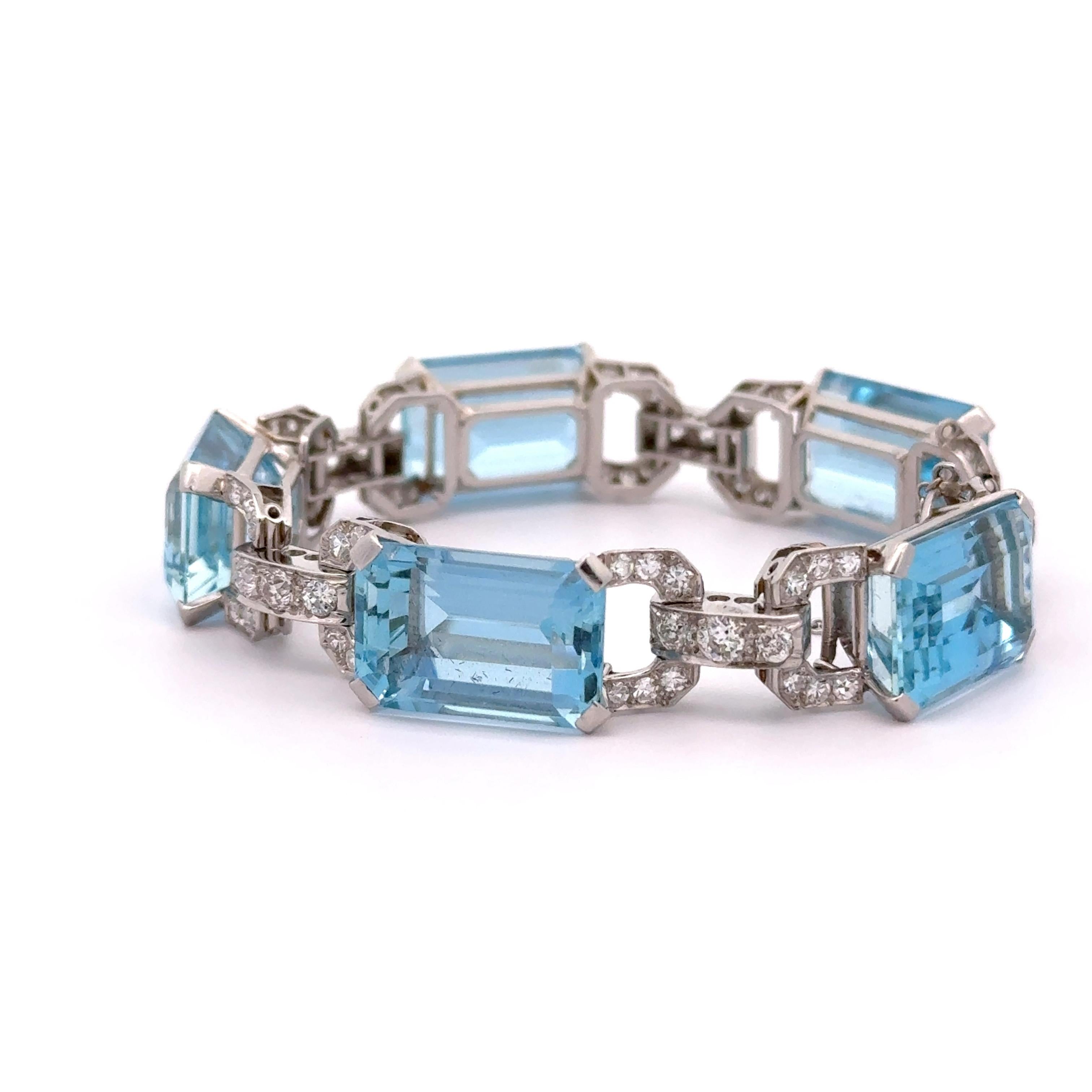 Art Deco Aquamarine Diamond Platinum Link Bracelet