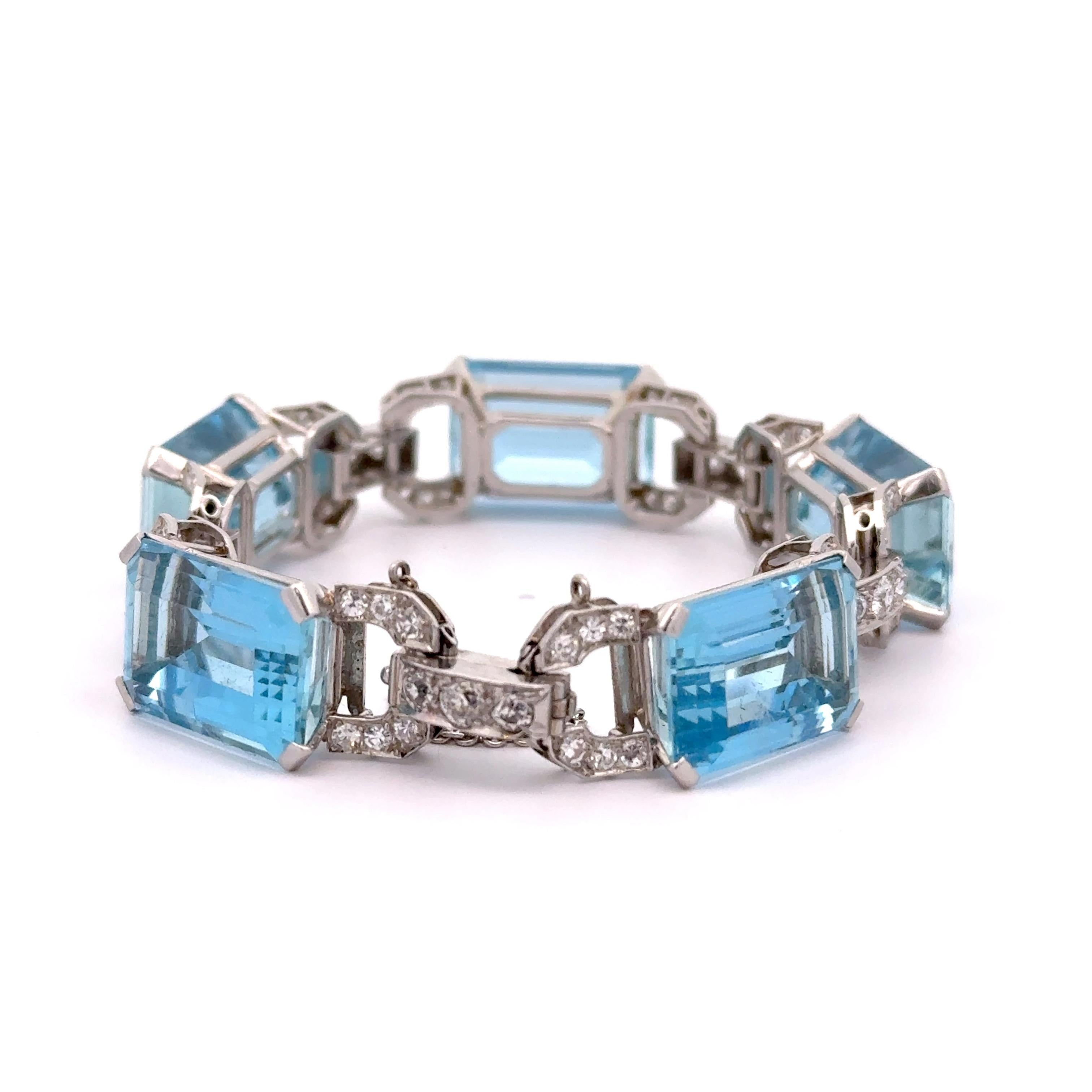Art Deco Aquamarine Diamond Platinum Link Bracelet