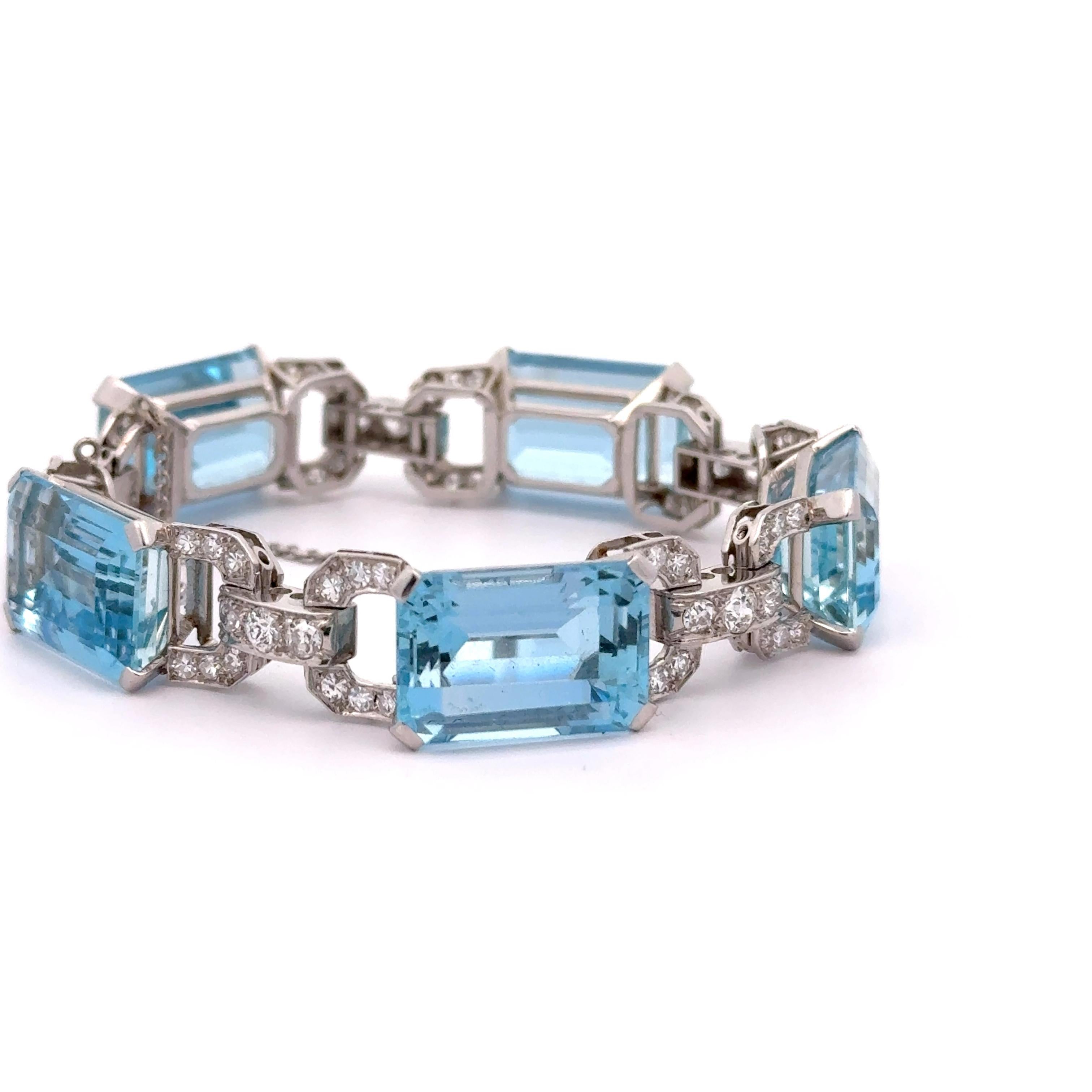 Art Deco Aquamarine Diamond Platinum Link Bracelet