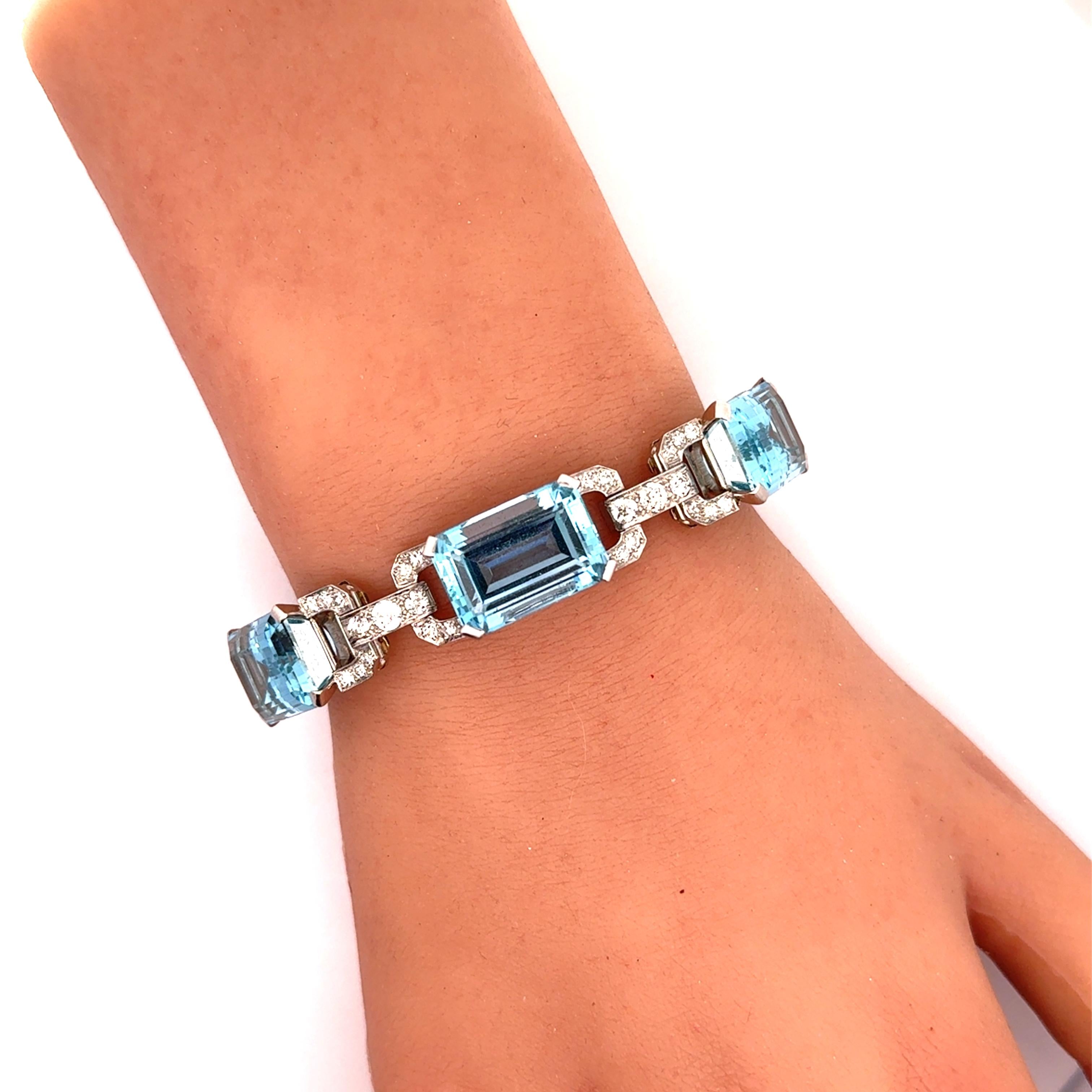 Art Deco Aquamarine Diamond Platinum Link Bracelet