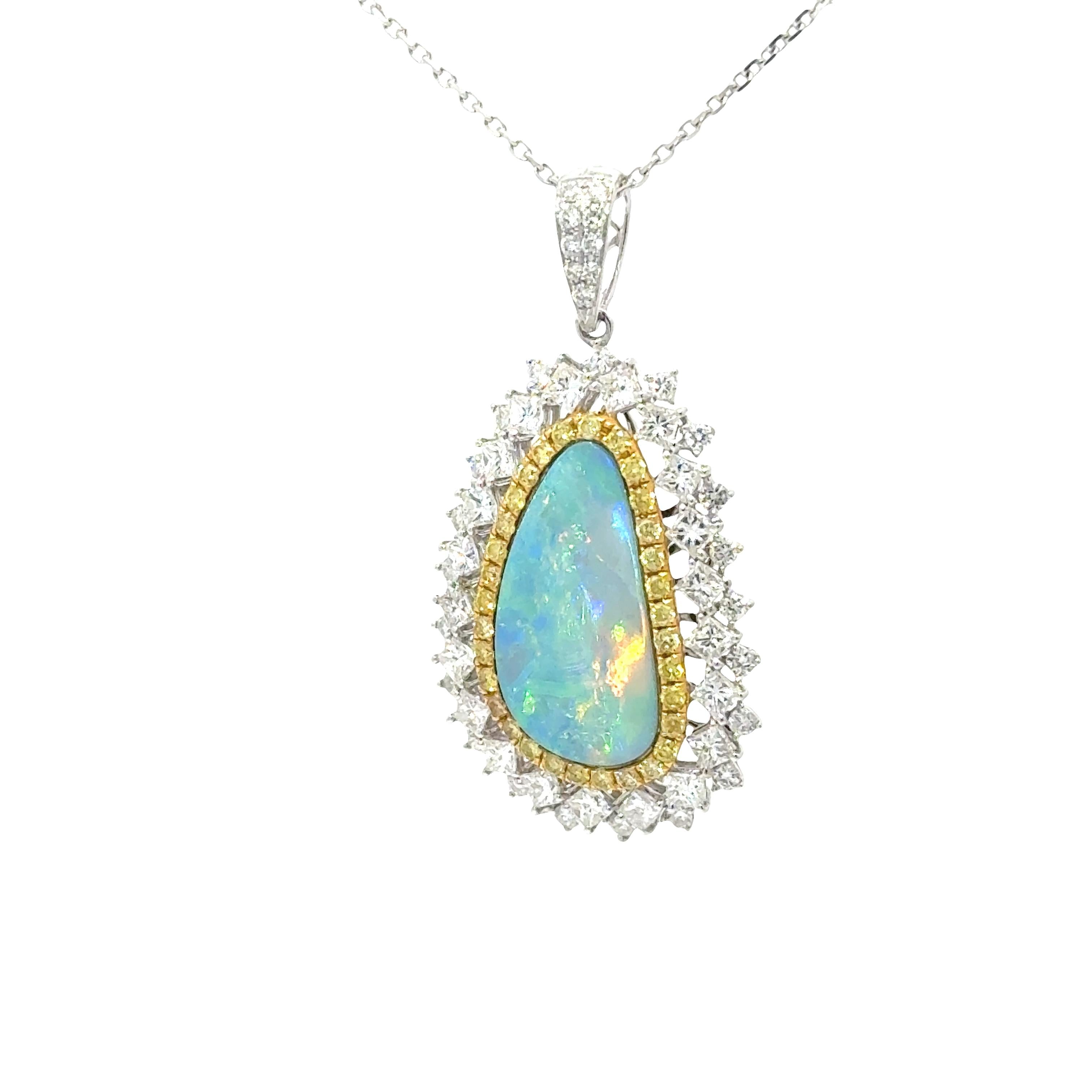 3.86 Carat Boulder Opal Diamond 18K White Yellow Gold Halo Pendant