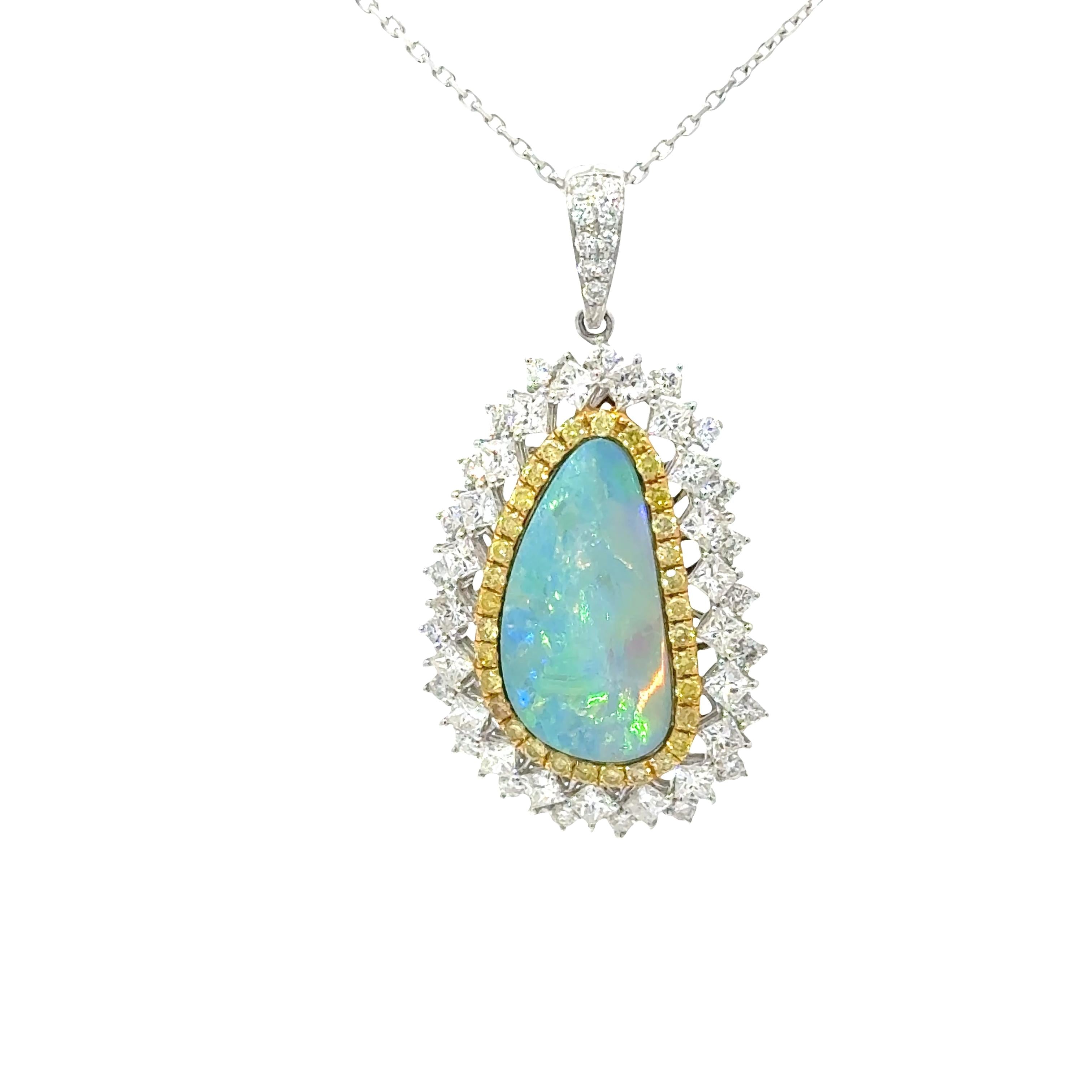 3.86 Carat Boulder Opal Diamond 18K White Yellow Gold Halo Pendant