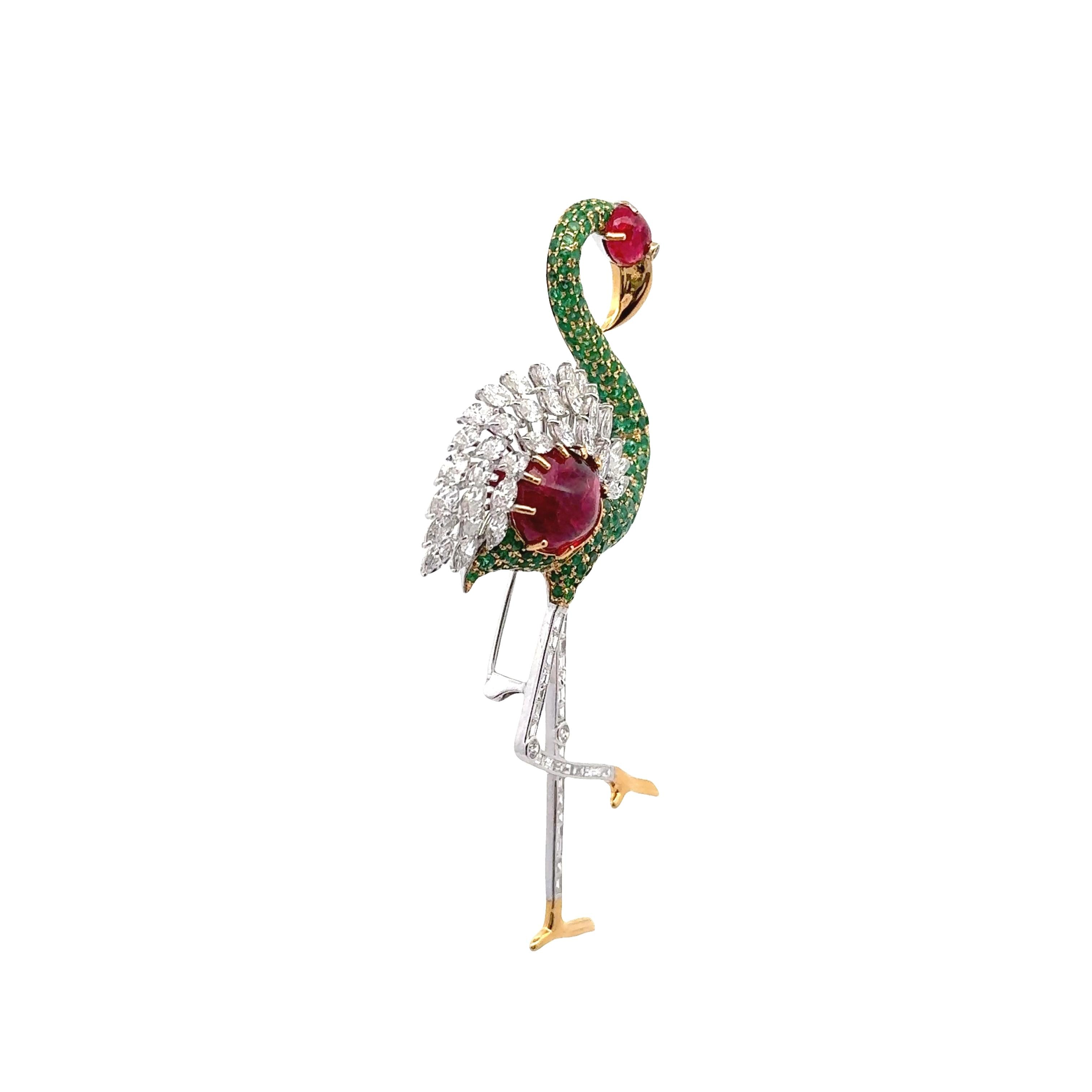 Burmese Spinel Emerald Diamond 18K White Yellow Gold Flamingo Brooch, GIA Cert