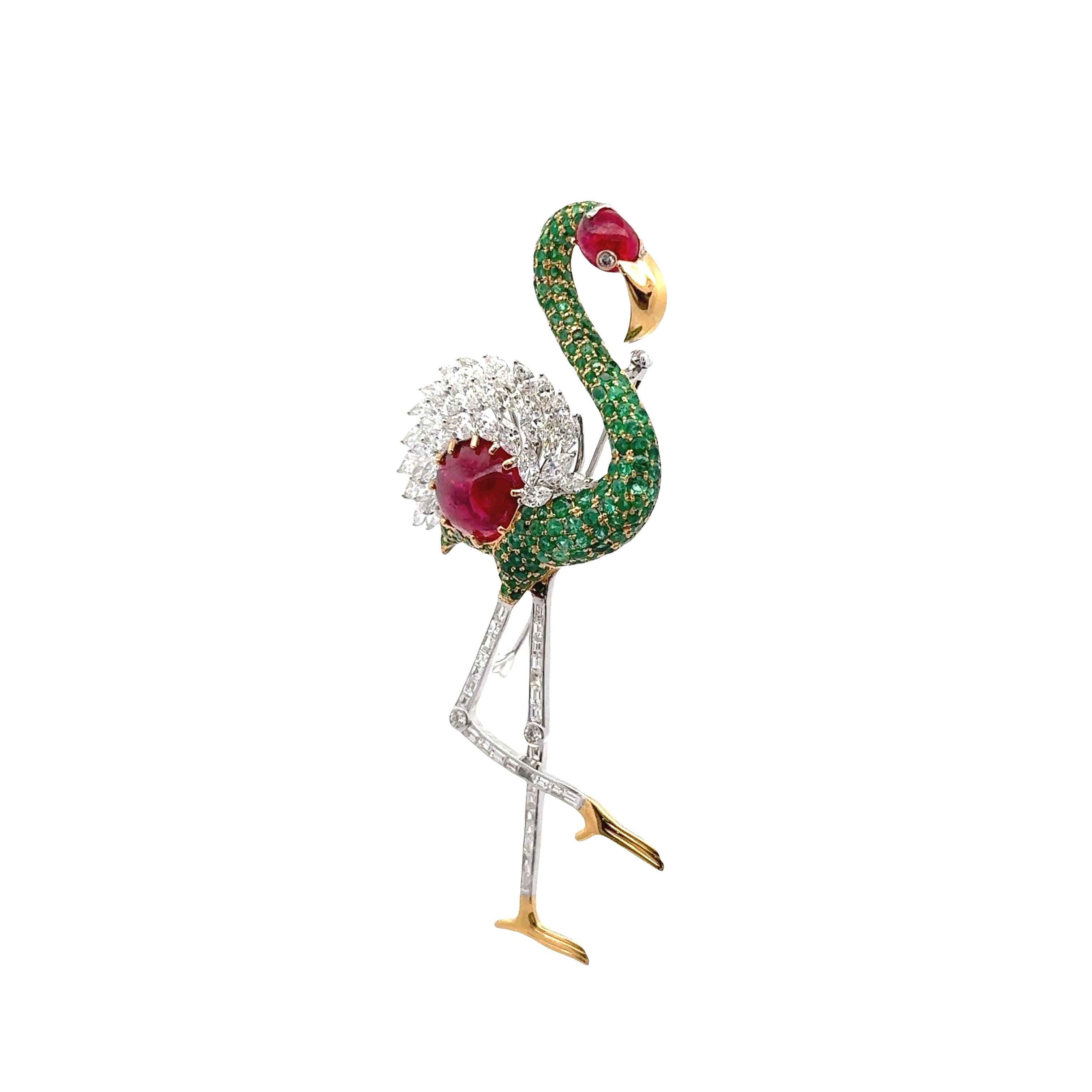 Burmese Spinel Emerald Diamond 18K White Yellow Gold Flamingo Brooch, GIA Cert