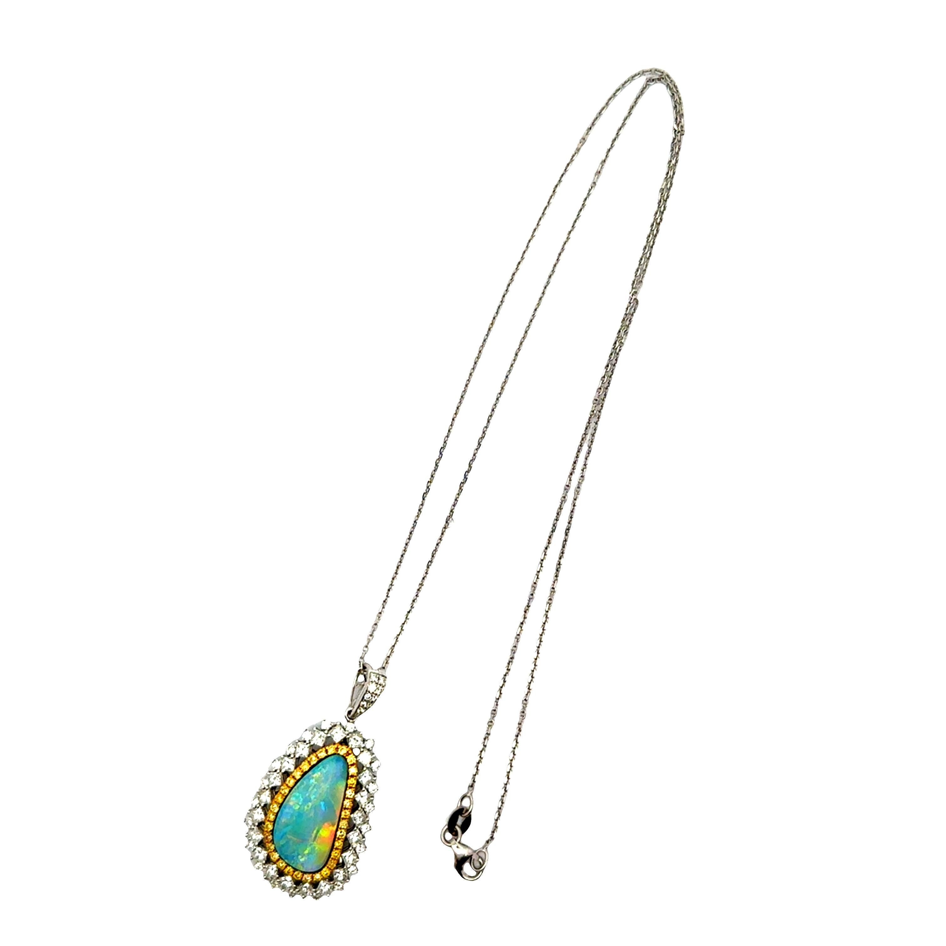 3.86 Carat Boulder Opal Diamond 18K White Yellow Gold Halo Pendant