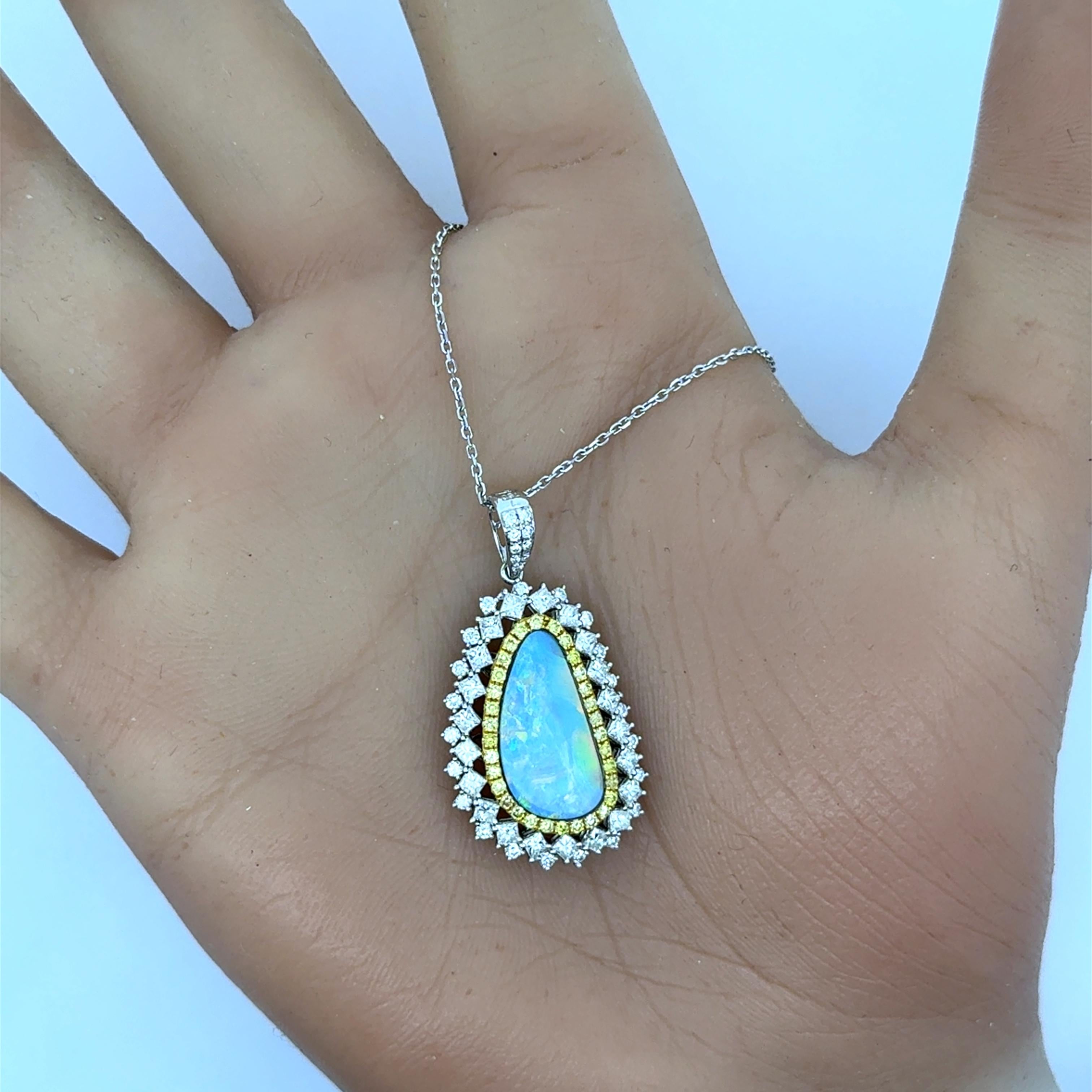 3.86 Carat Boulder Opal Diamond 18K White Yellow Gold Halo Pendant