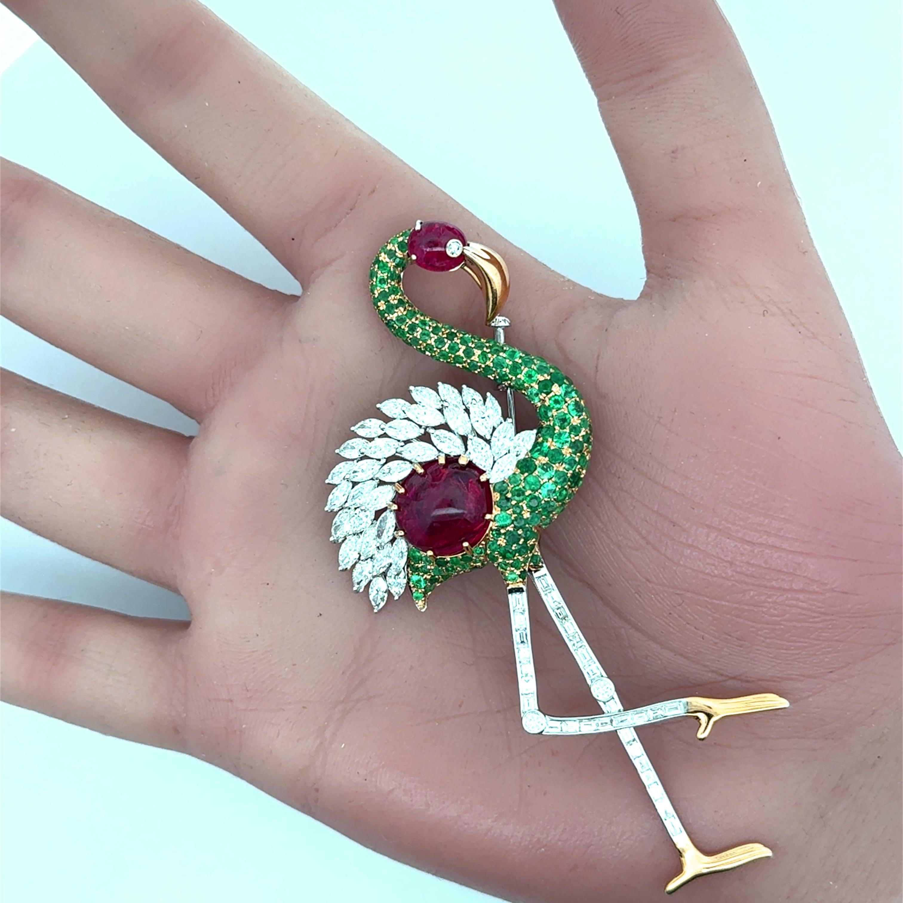 Burmese Spinel Emerald Diamond 18K White Yellow Gold Flamingo Brooch, GIA Cert