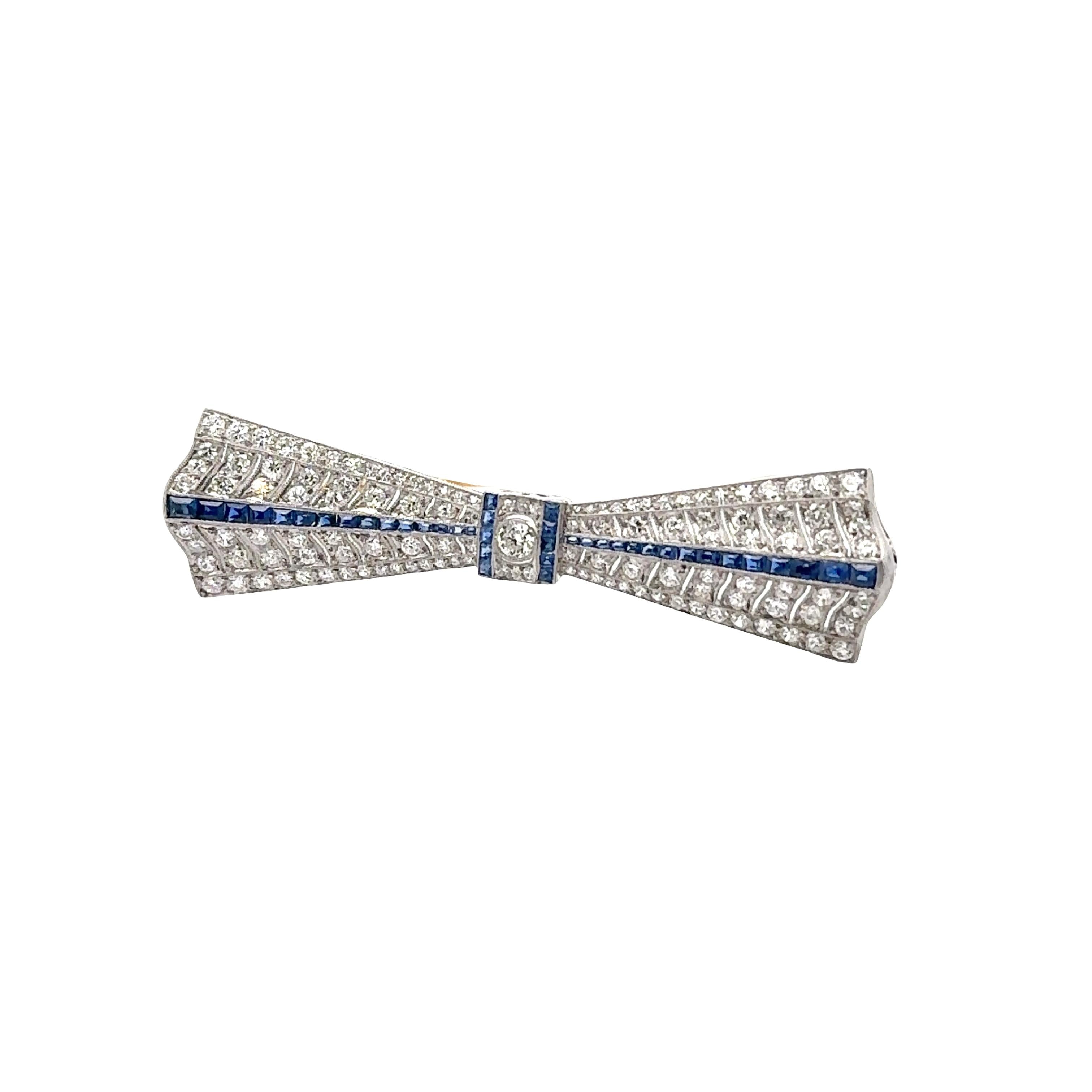 Art Deco Diamond Sapphire Platinum Bow Pin Brooch