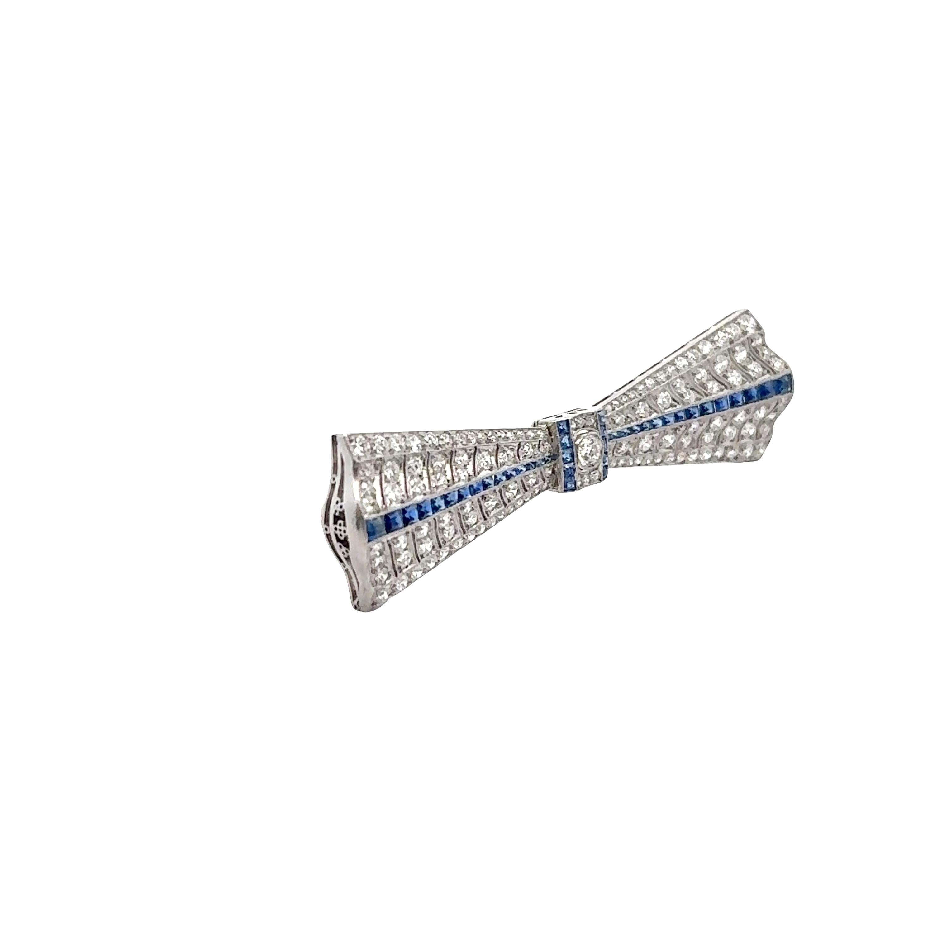Art Deco Diamond Sapphire Platinum Bow Pin Brooch