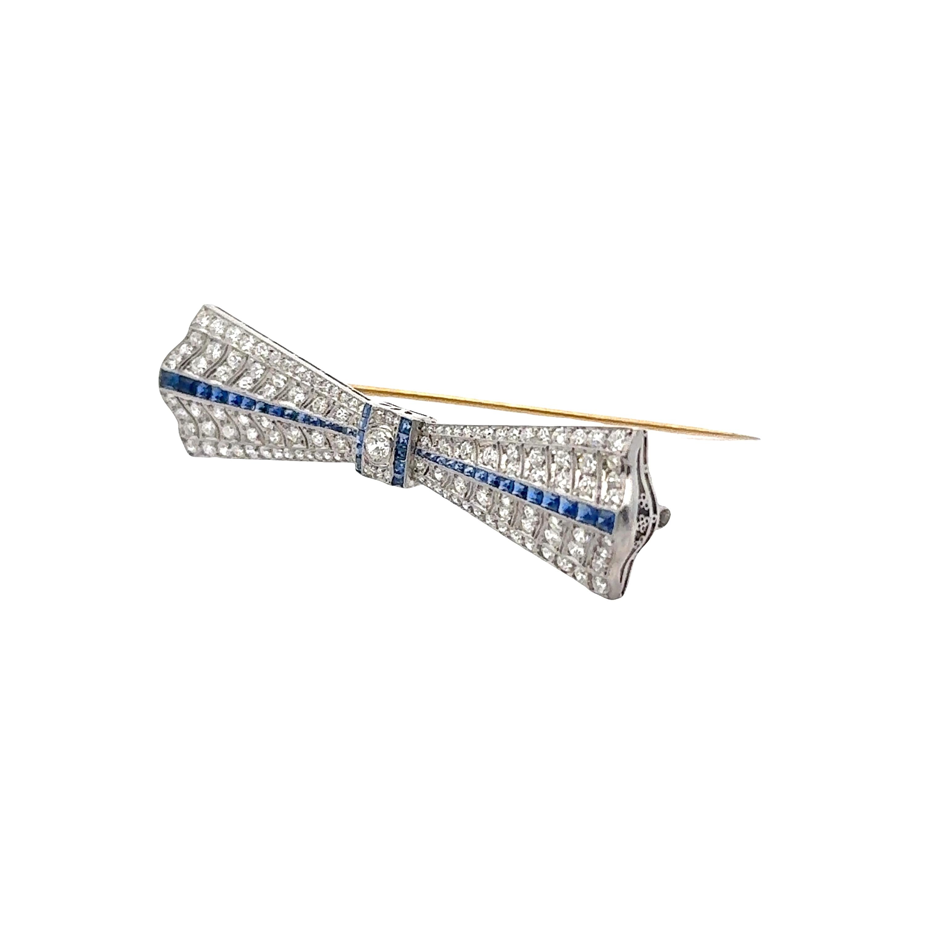 Art Deco Diamond Sapphire Platinum Bow Pin Brooch