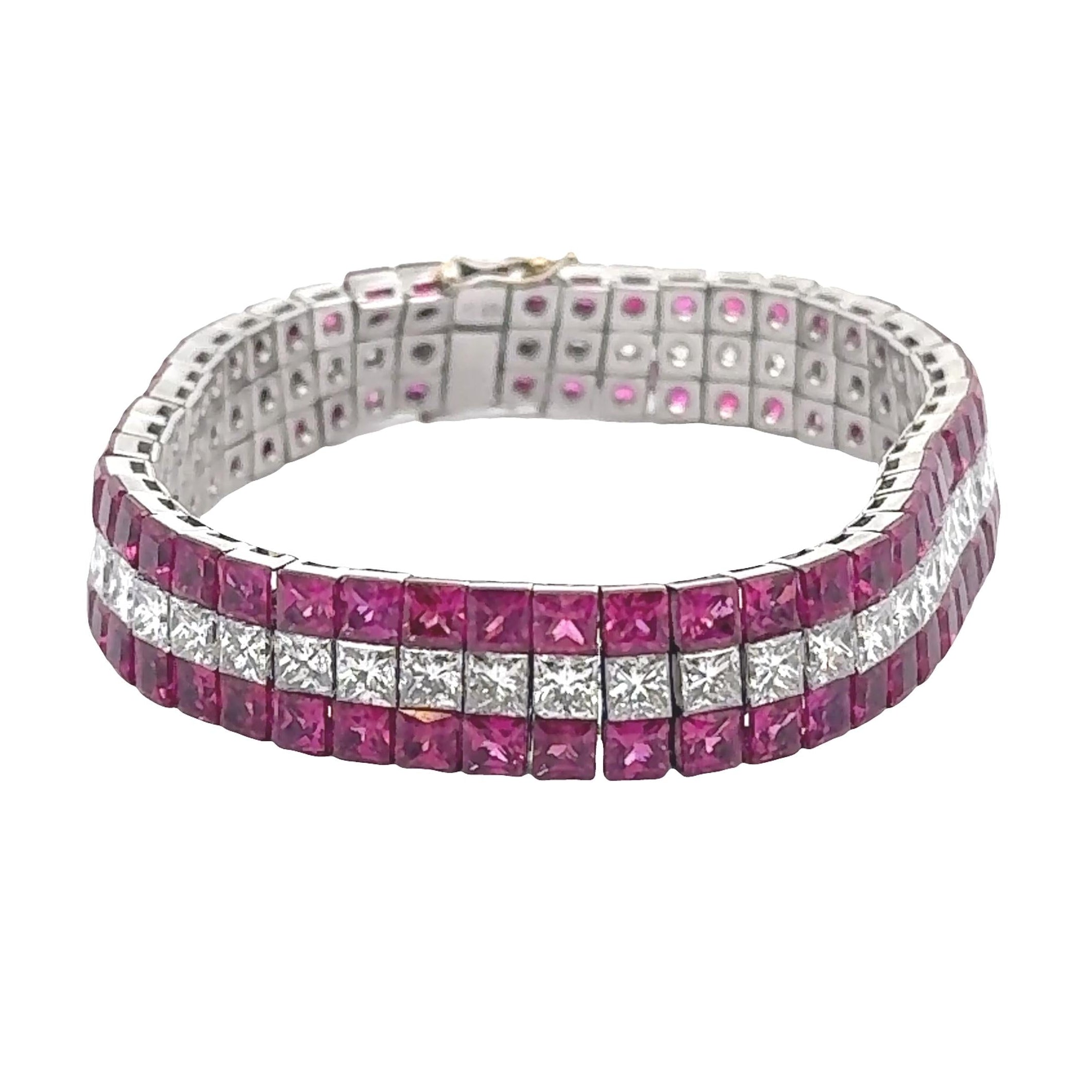 Exquisite Invisible-Set Ruby & Diamond Platinum Flexible Tennis Bracelet