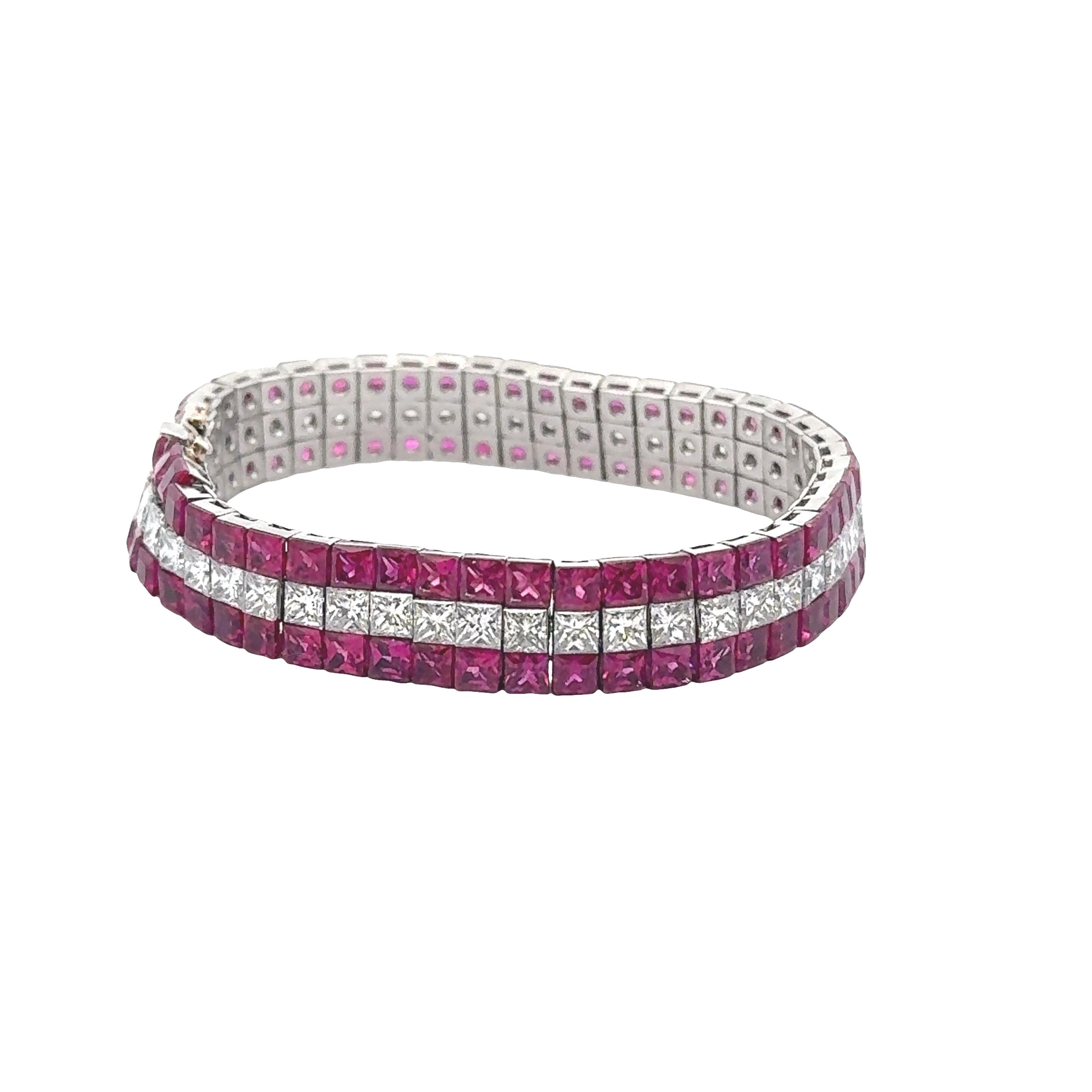 Exquisite Invisible-Set Ruby & Diamond Platinum Flexible Tennis Bracelet