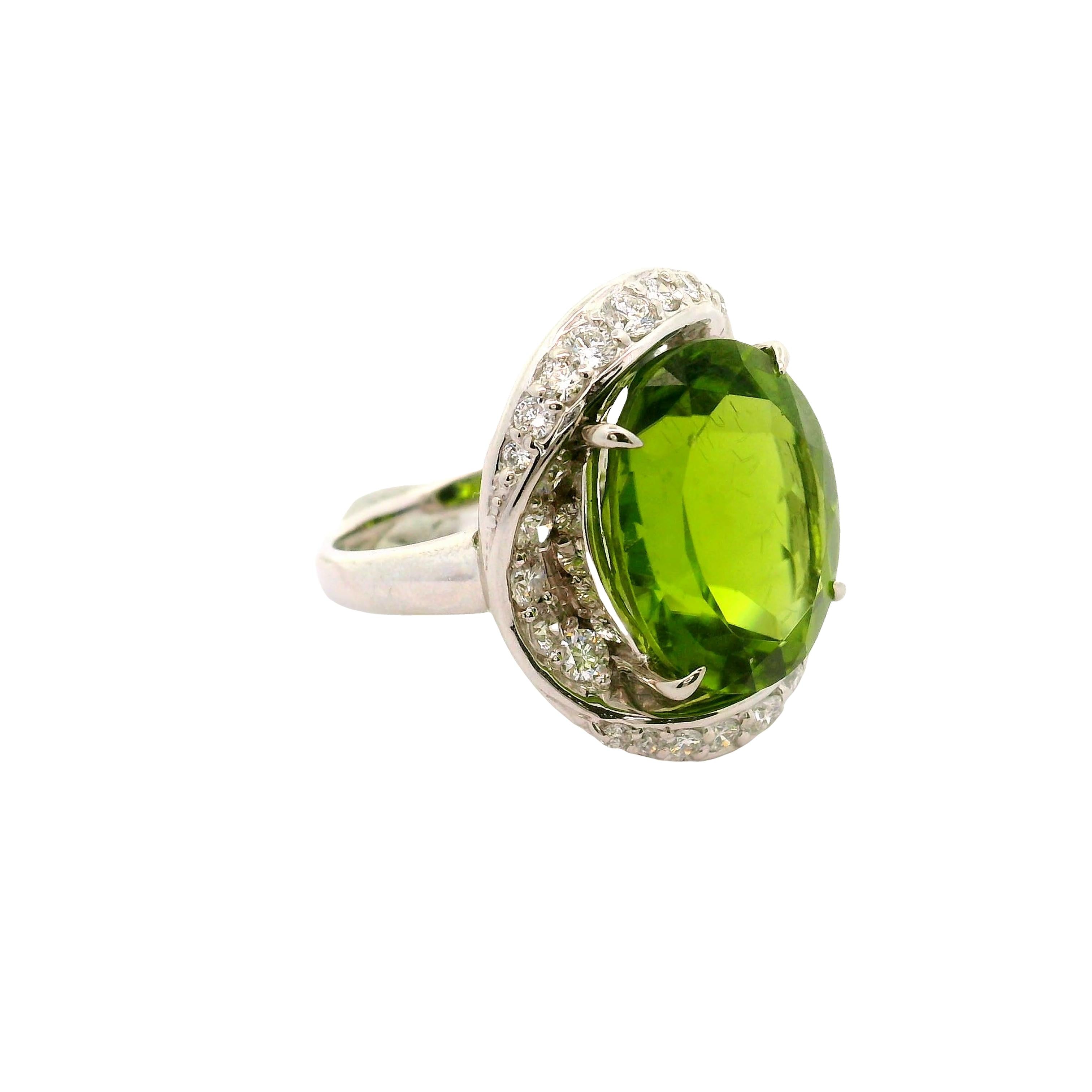 12.12 Carat Peridot Diamond Platinum Spiral Halo Ring