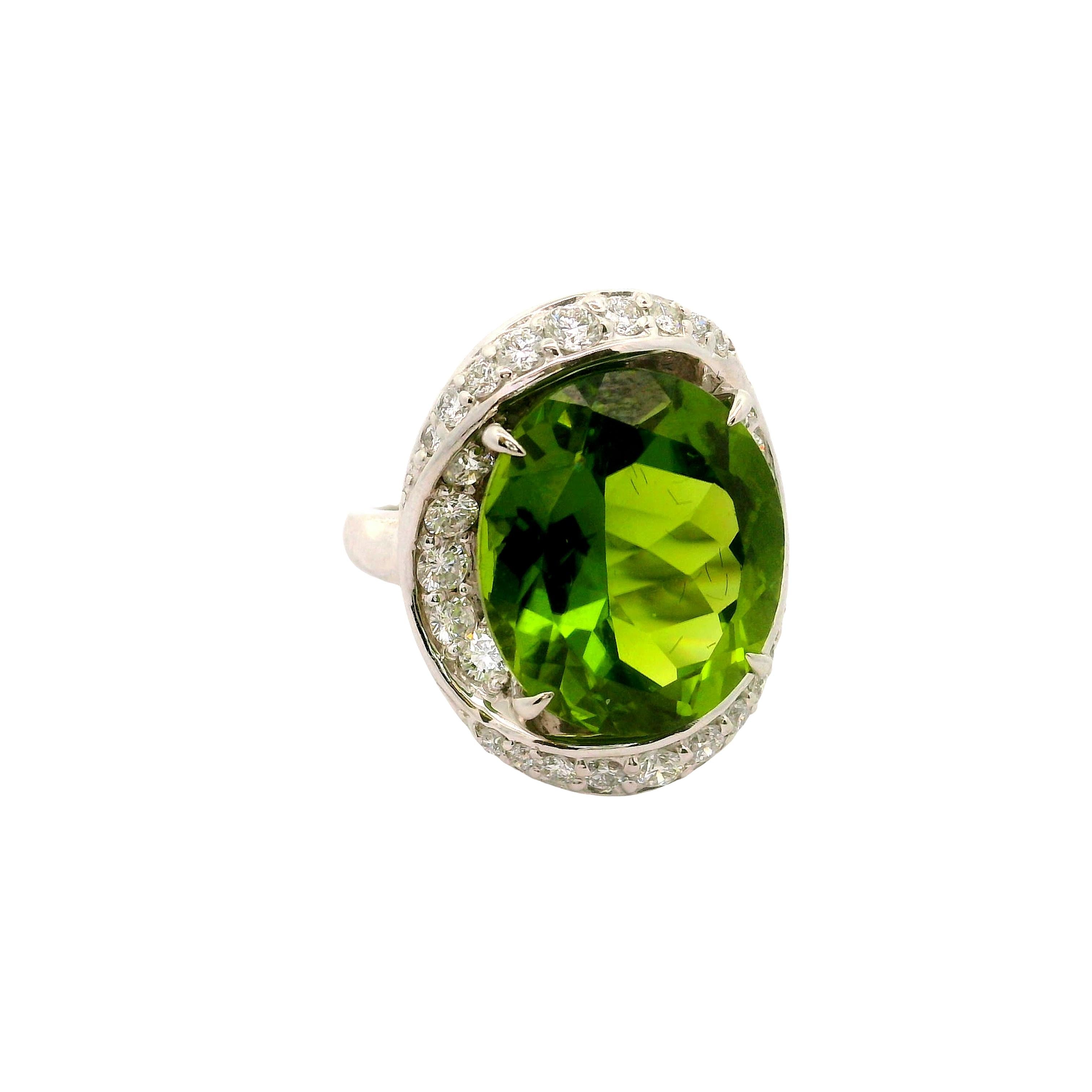 12.12 Carat Peridot Diamond Platinum Spiral Halo Ring