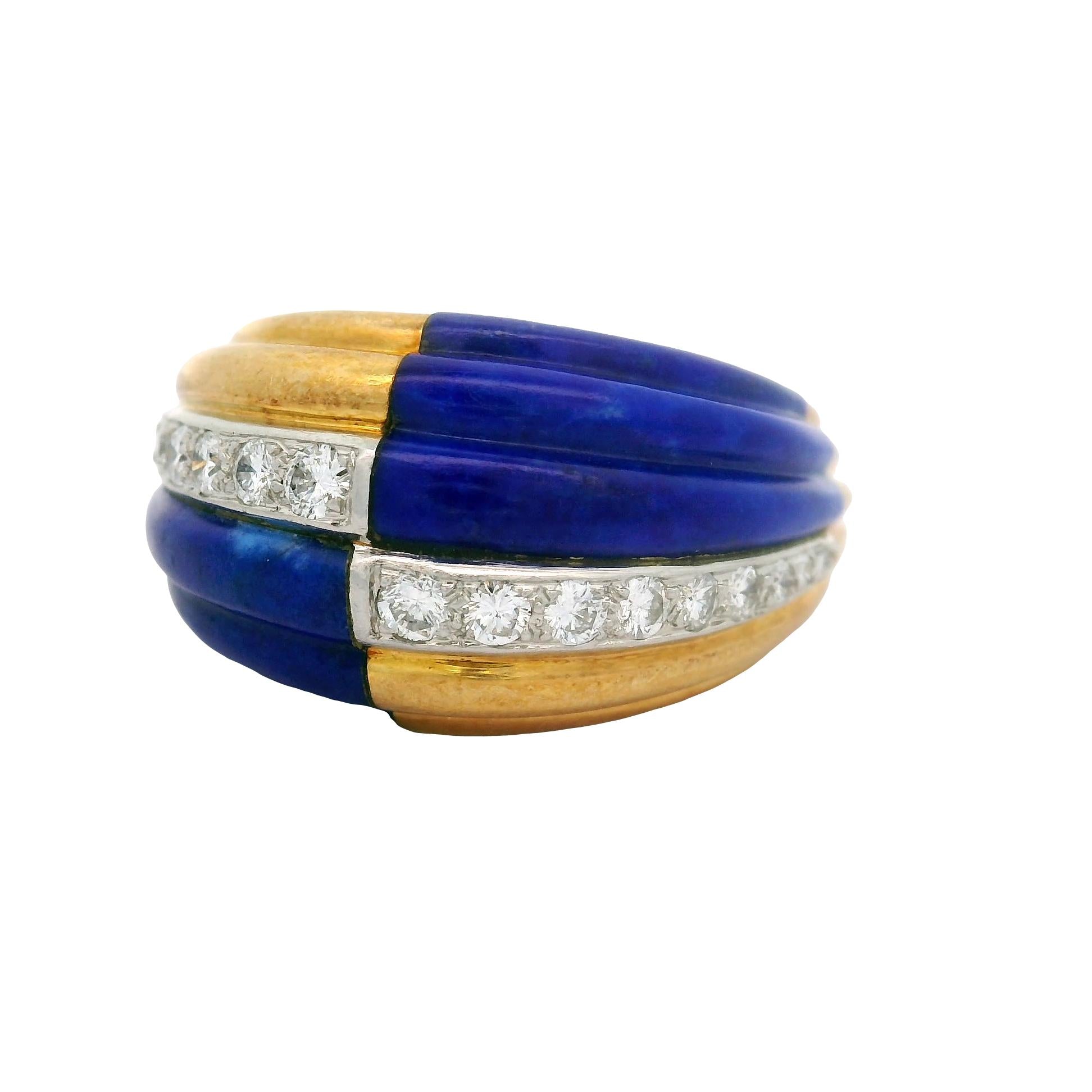 French Diamond Lapis 18K Yellow Gold Checkered Ring