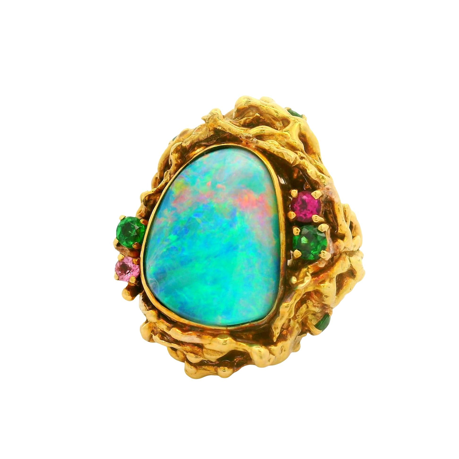 Boulder Opal Multi-Colored Gemstones 18K Gold Cocktail Ring