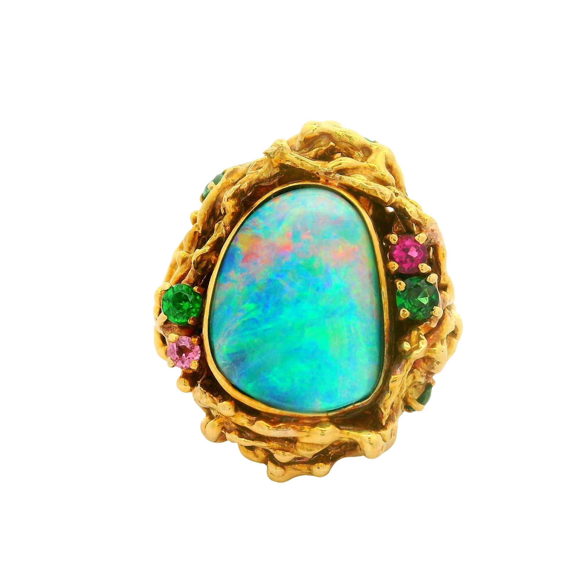 Boulder Opal Multi-Colored Gemstones 18K Gold Cocktail Ring