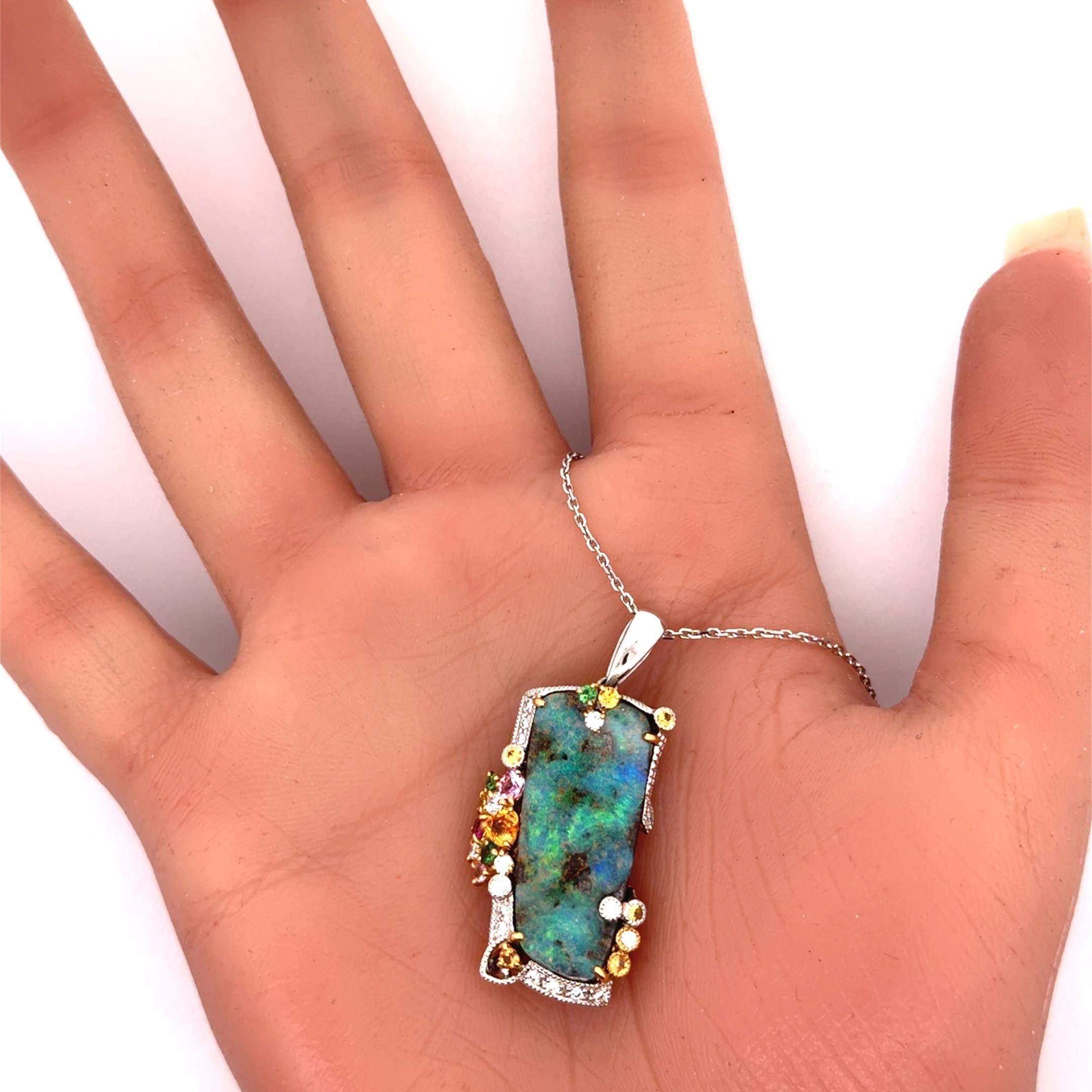 13.77 Carat Boulder Opal Multi-Colored Stones Diamond 18K Gold Pendant-Necklace