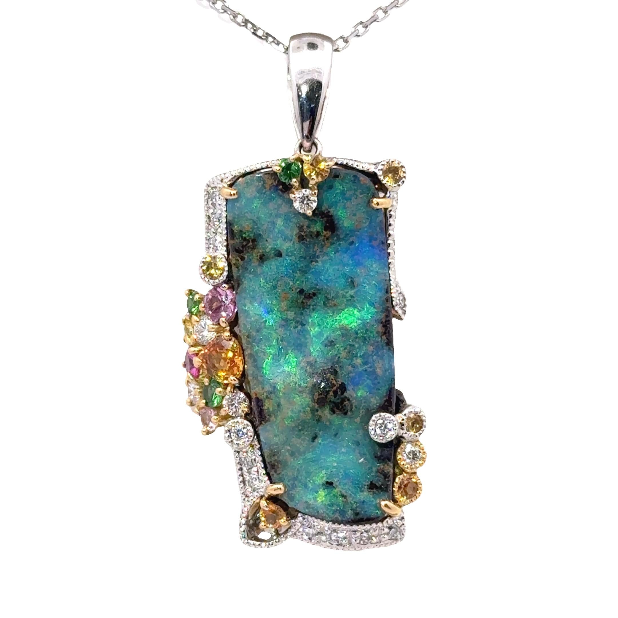 13.77 Carat Boulder Opal Multi-Colored Stones Diamond 18K Gold Pendant-Necklace