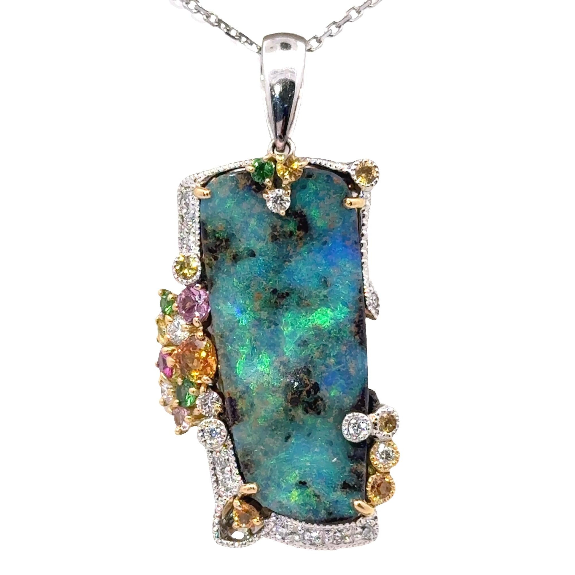 13.77 Carat Boulder Opal Multi-Colored Stones Diamond 18K Gold Pendant-Necklace