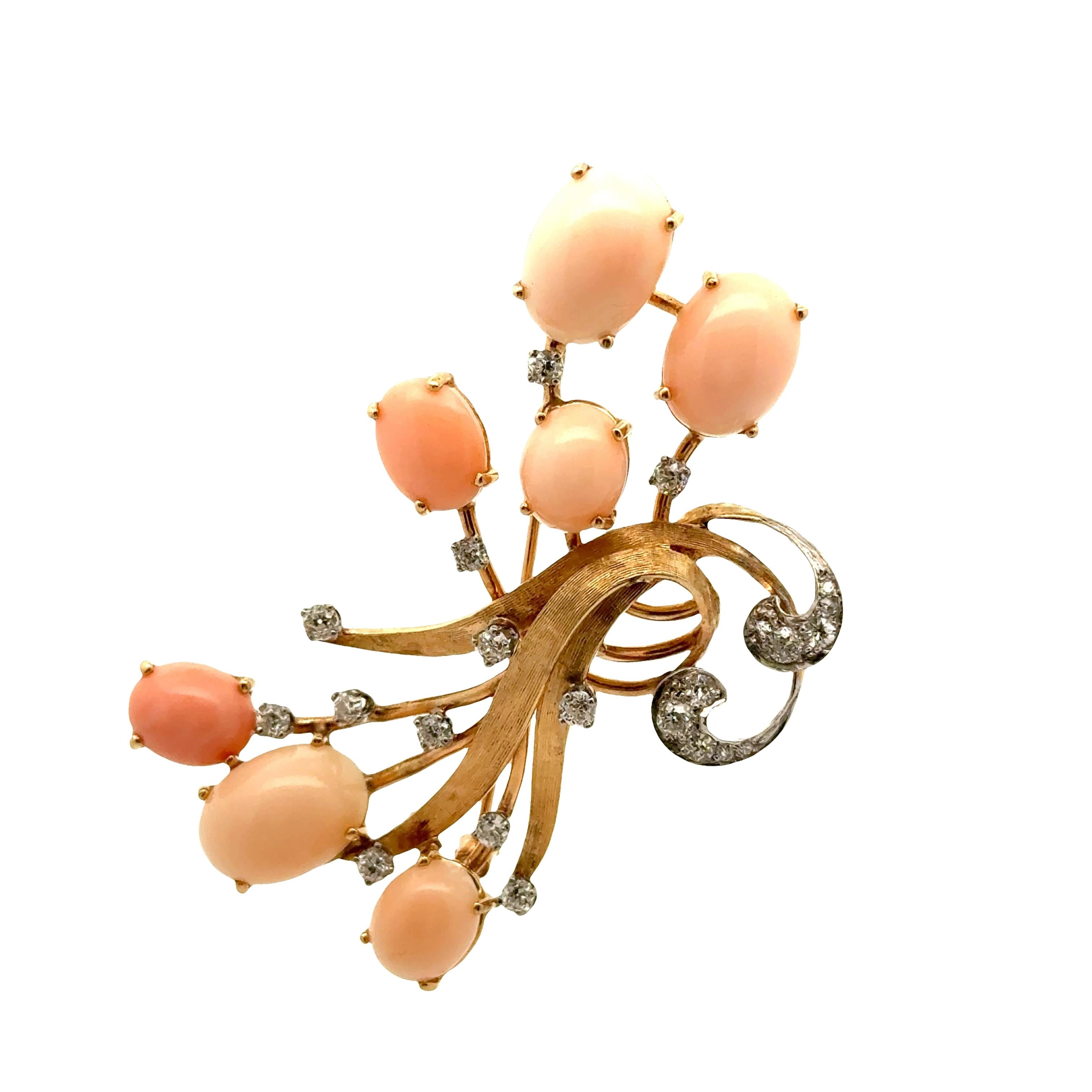 Retro Angel-Skin Corals Diamond 14K Yellow Gold Spray Brooch