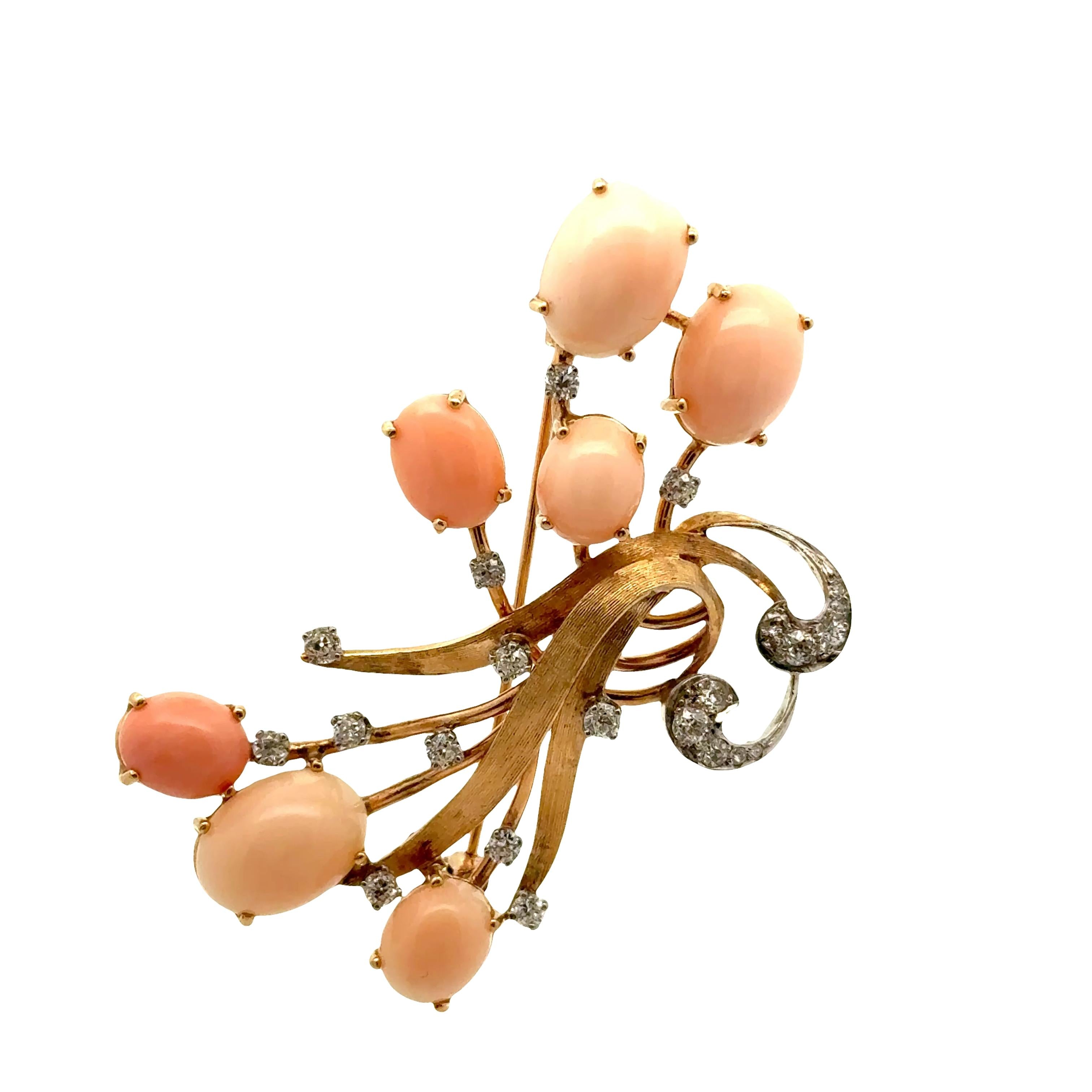 Retro Angel-Skin Corals Diamond 14K Yellow Gold Spray Brooch