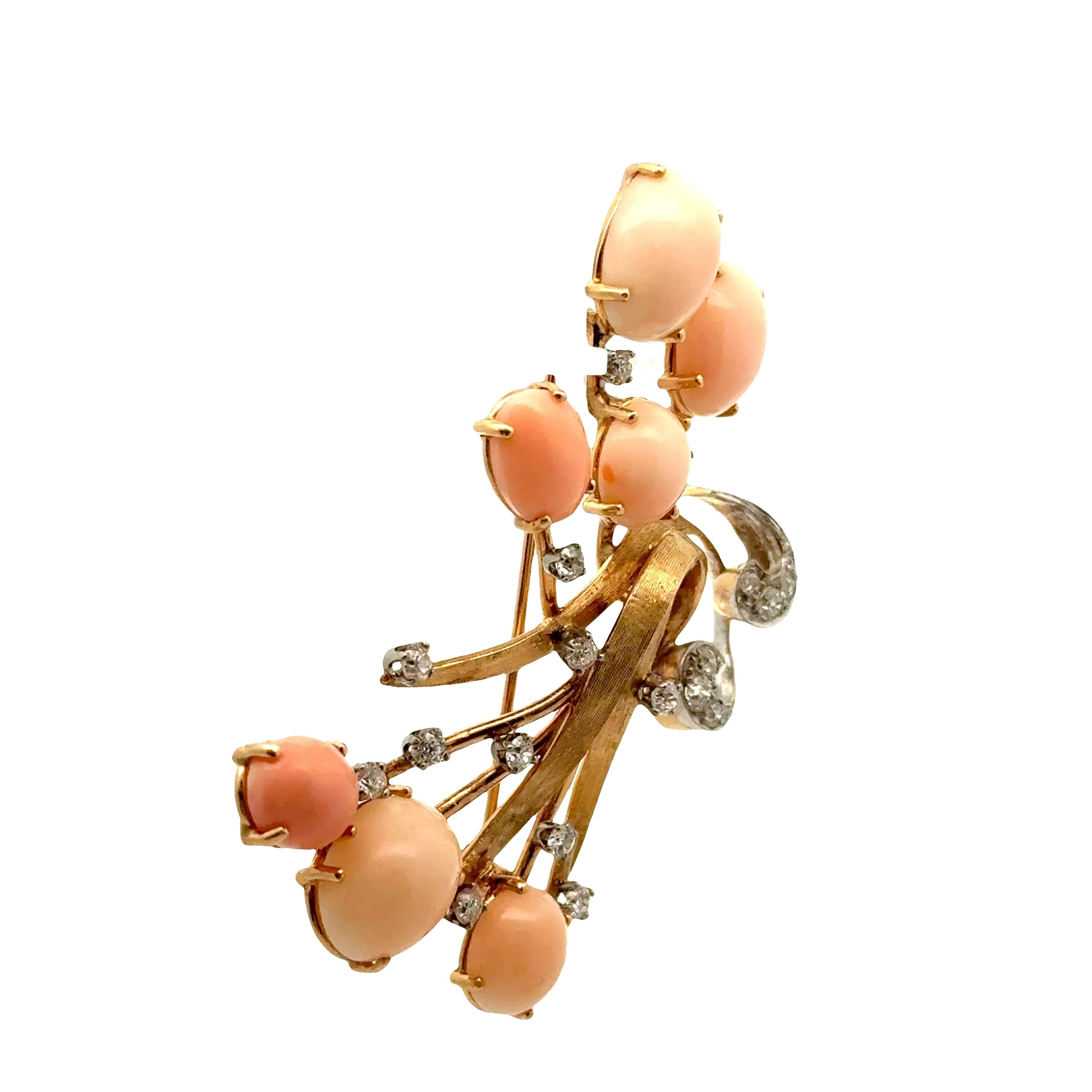 Retro Angel-Skin Corals Diamond 14K Yellow Gold Spray Brooch