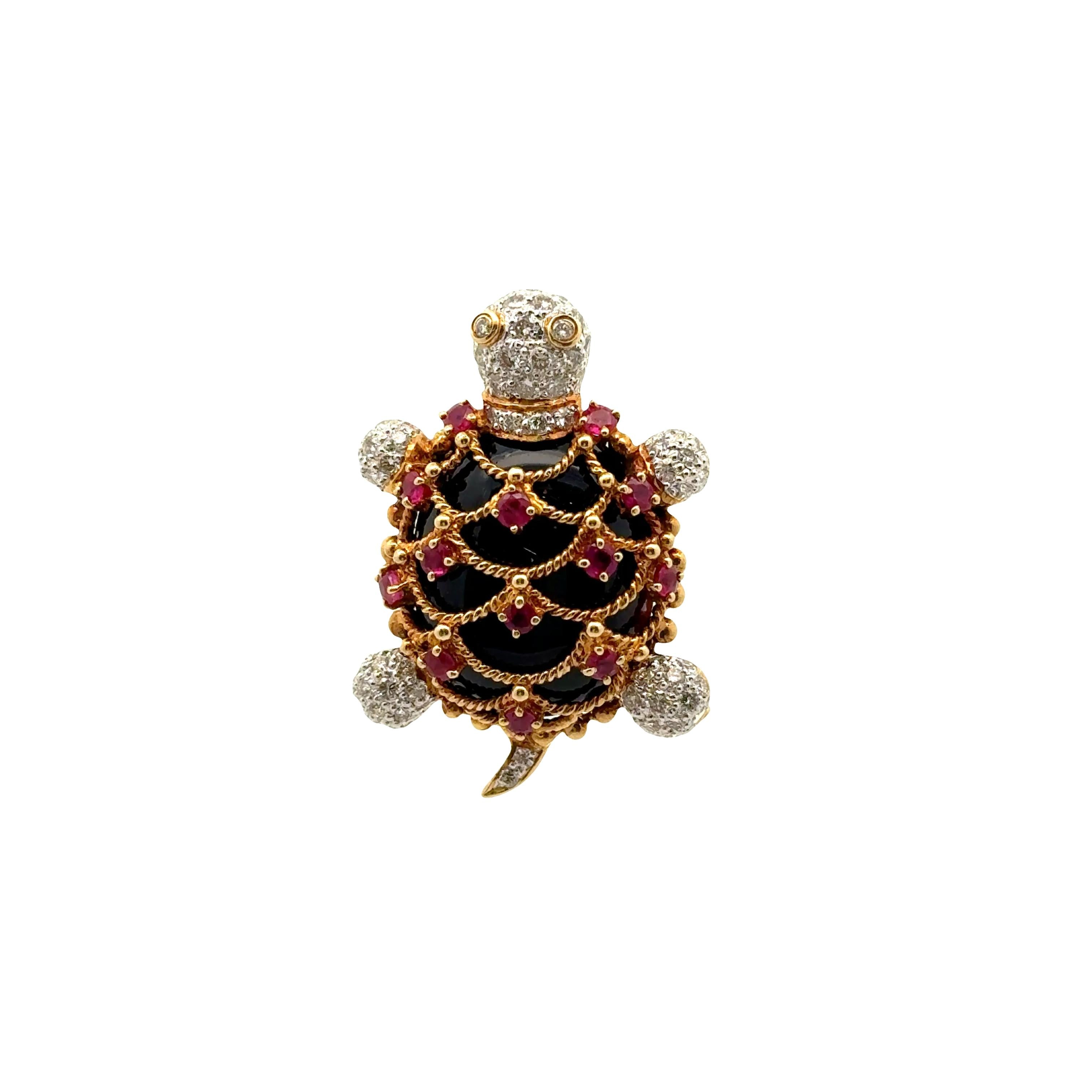 Diamond Ruby Black Onyx 18K Gold Turtle Brooch-Pendant