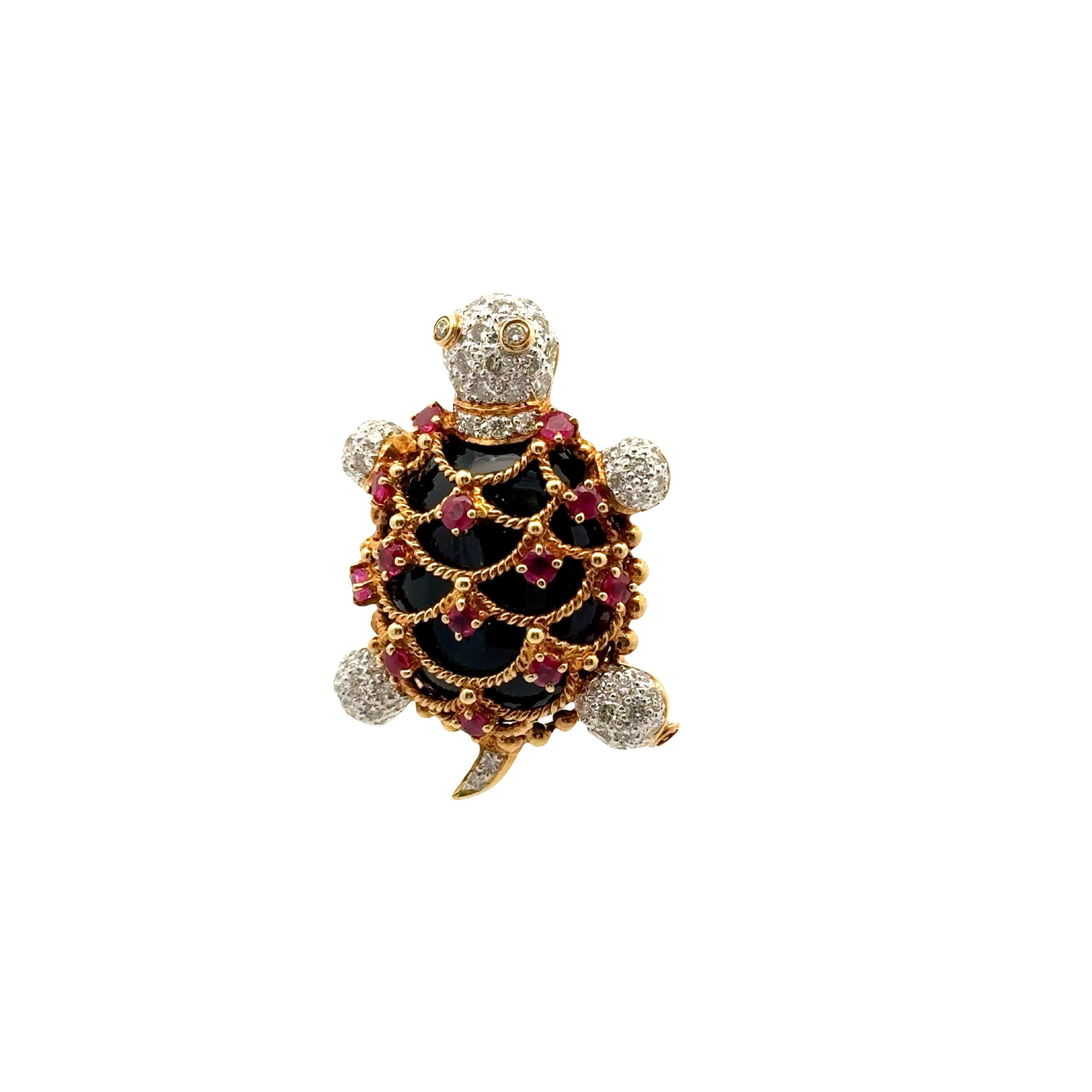 Diamond Ruby Black Onyx 18K Gold Turtle Brooch-Pendant