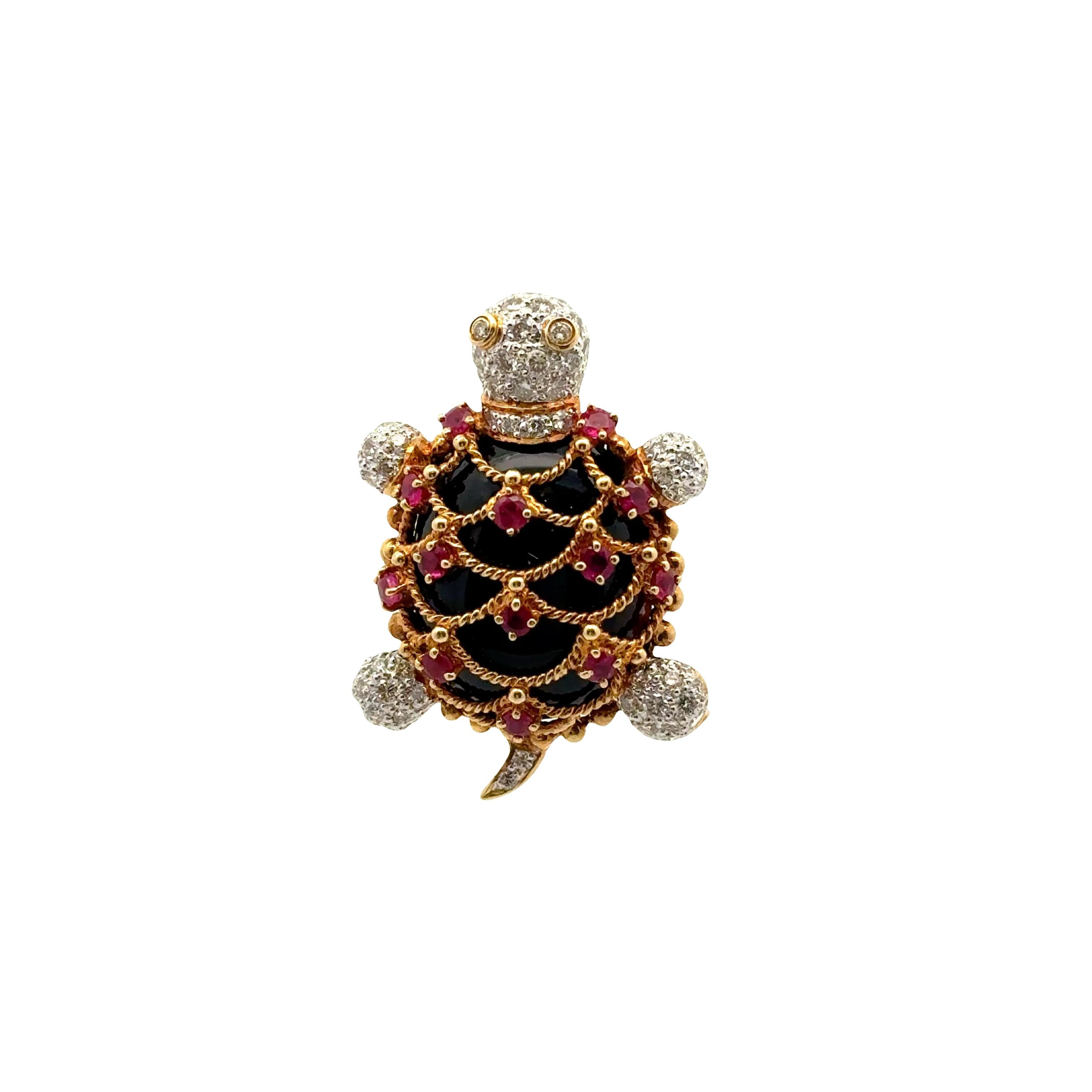 Diamond Ruby Black Onyx 18K Gold Turtle Brooch-Pendant