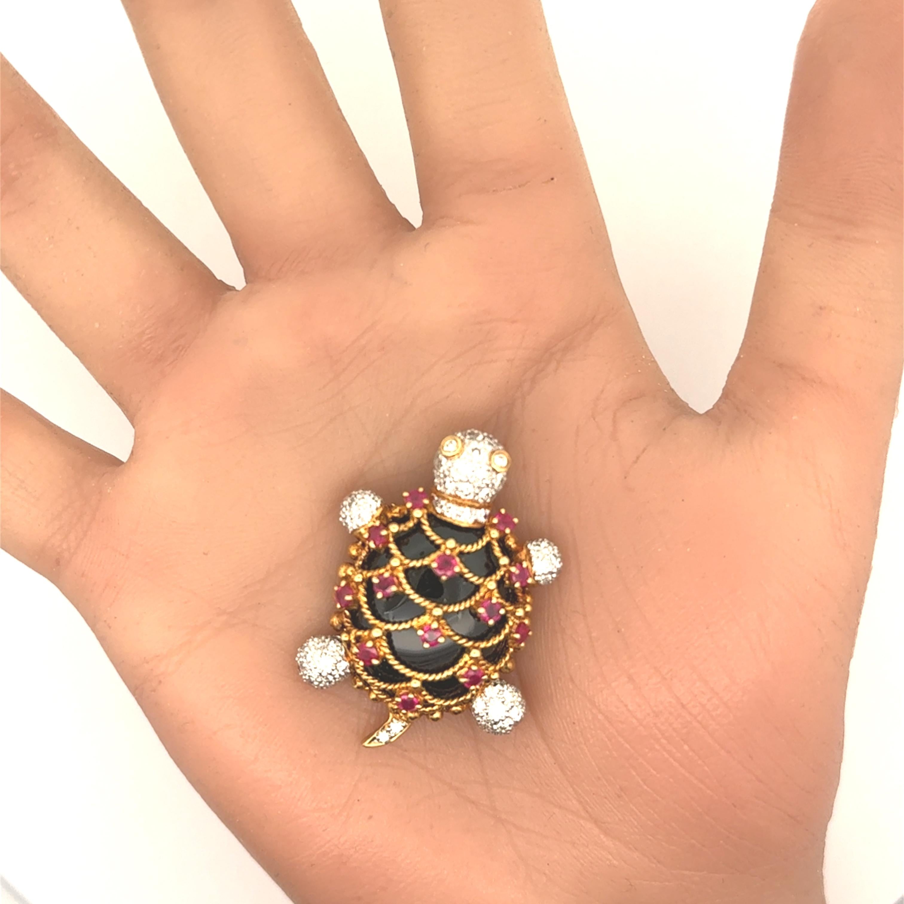 Diamond Ruby Black Onyx 18K Gold Turtle Brooch-Pendant