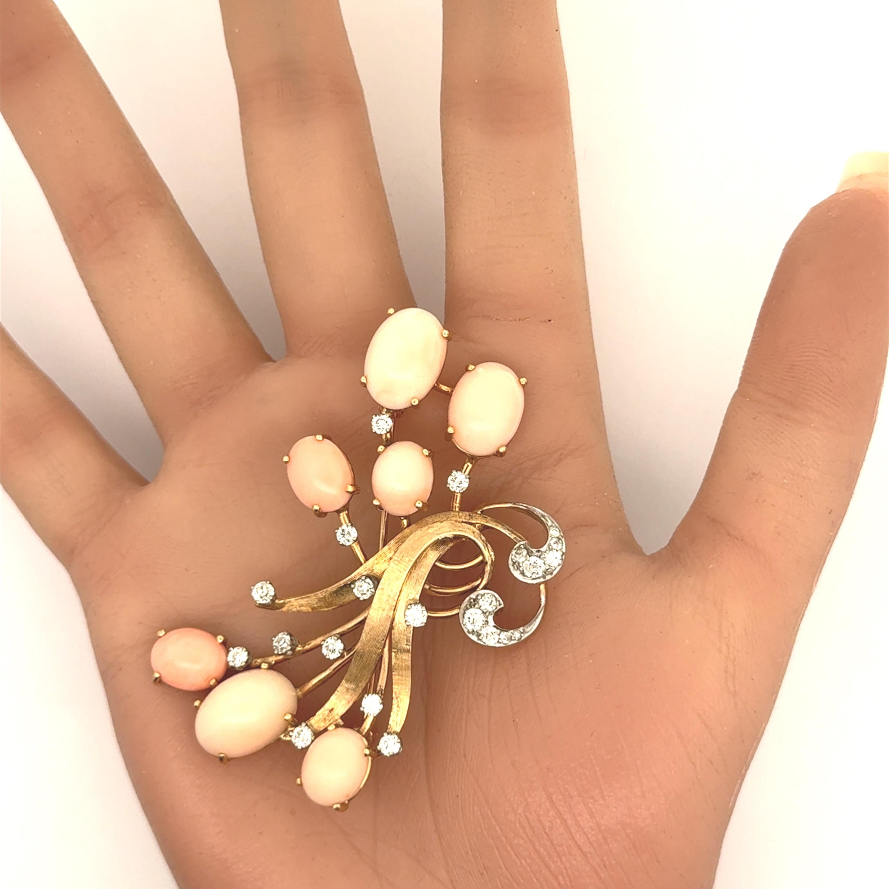 Retro Angel-Skin Corals Diamond 14K Yellow Gold Spray Brooch