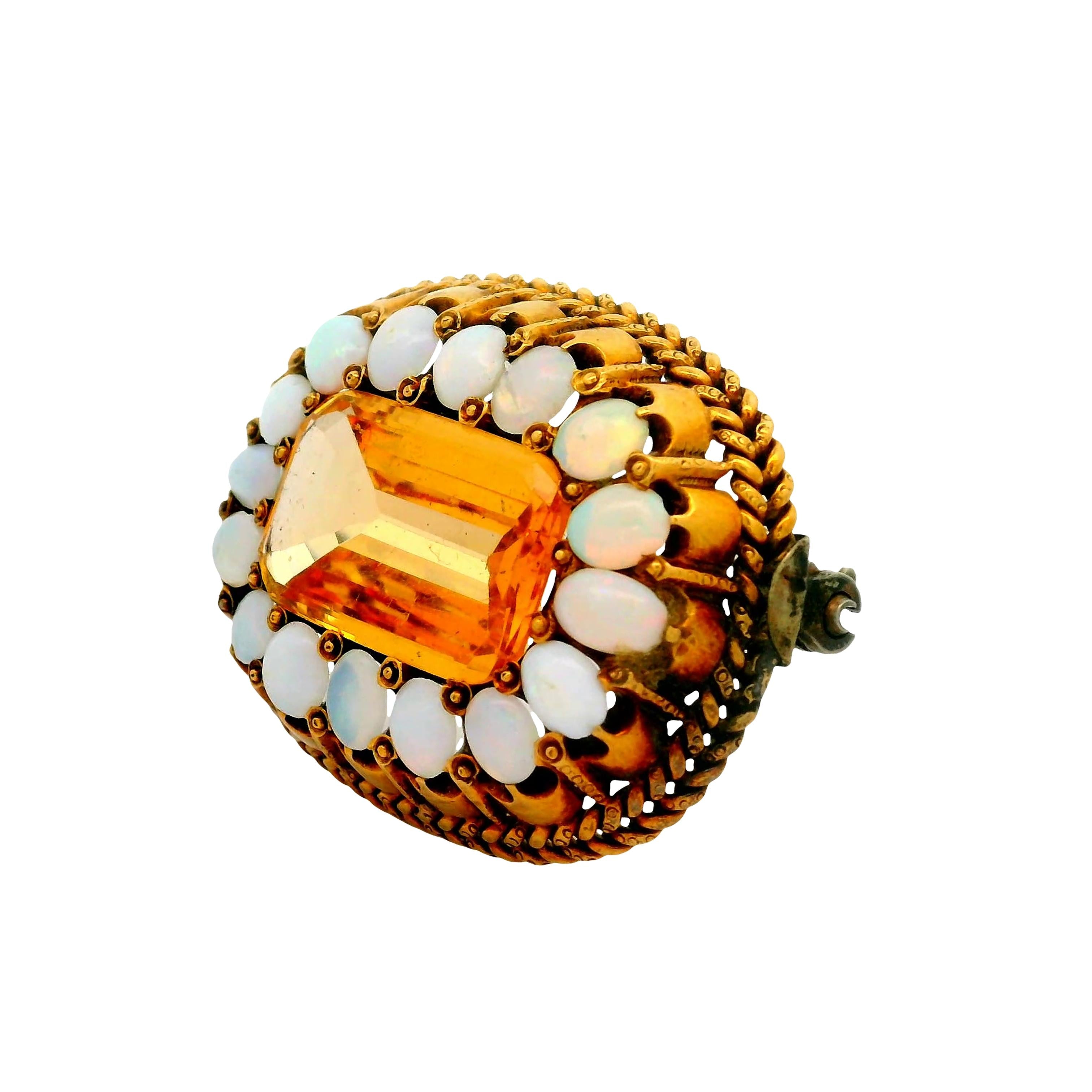 Antique Citrine Opal 10K Gold Halo Brooch