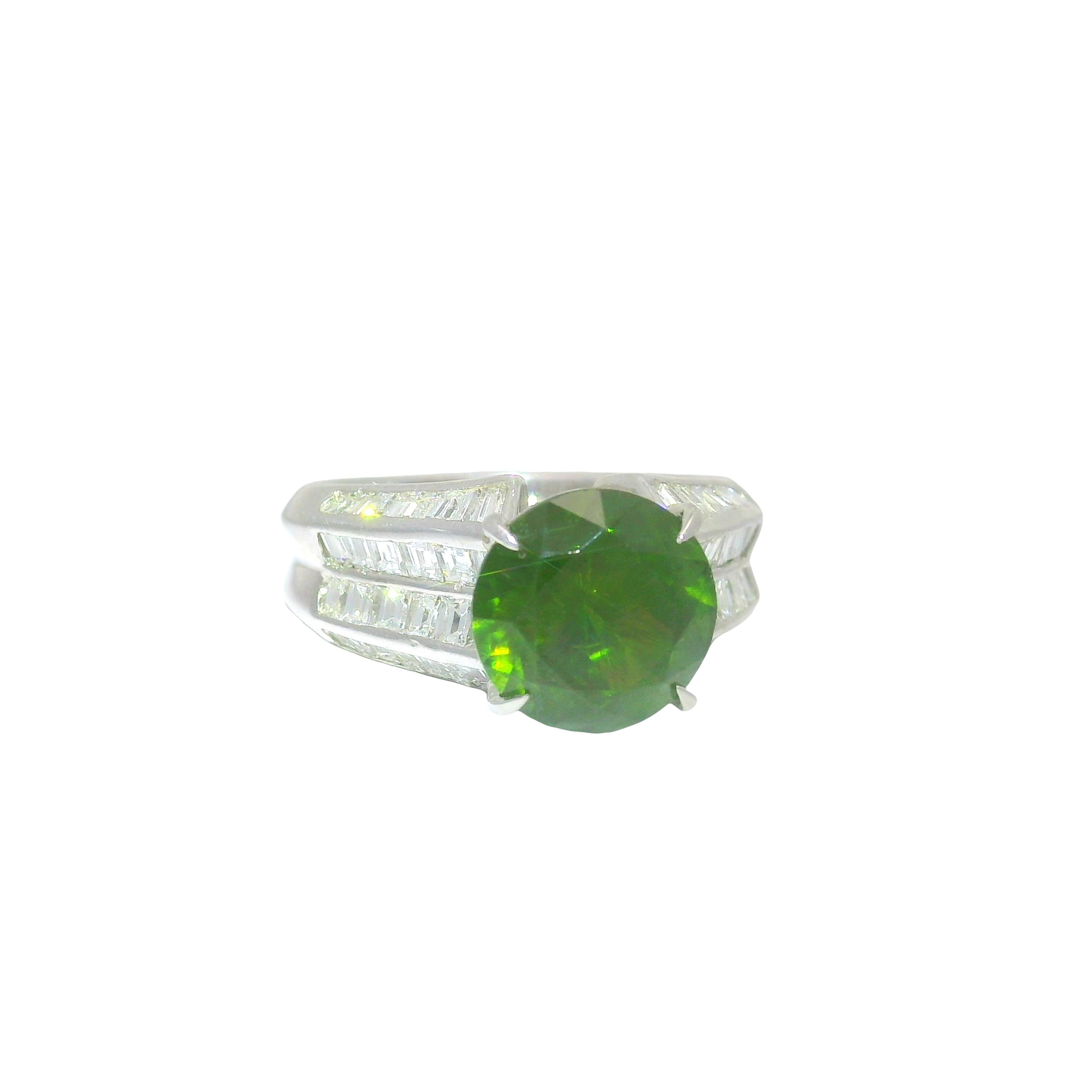 3.73 Carat Demantoid Garnet Diamond Platinum Ring, GRS Certified