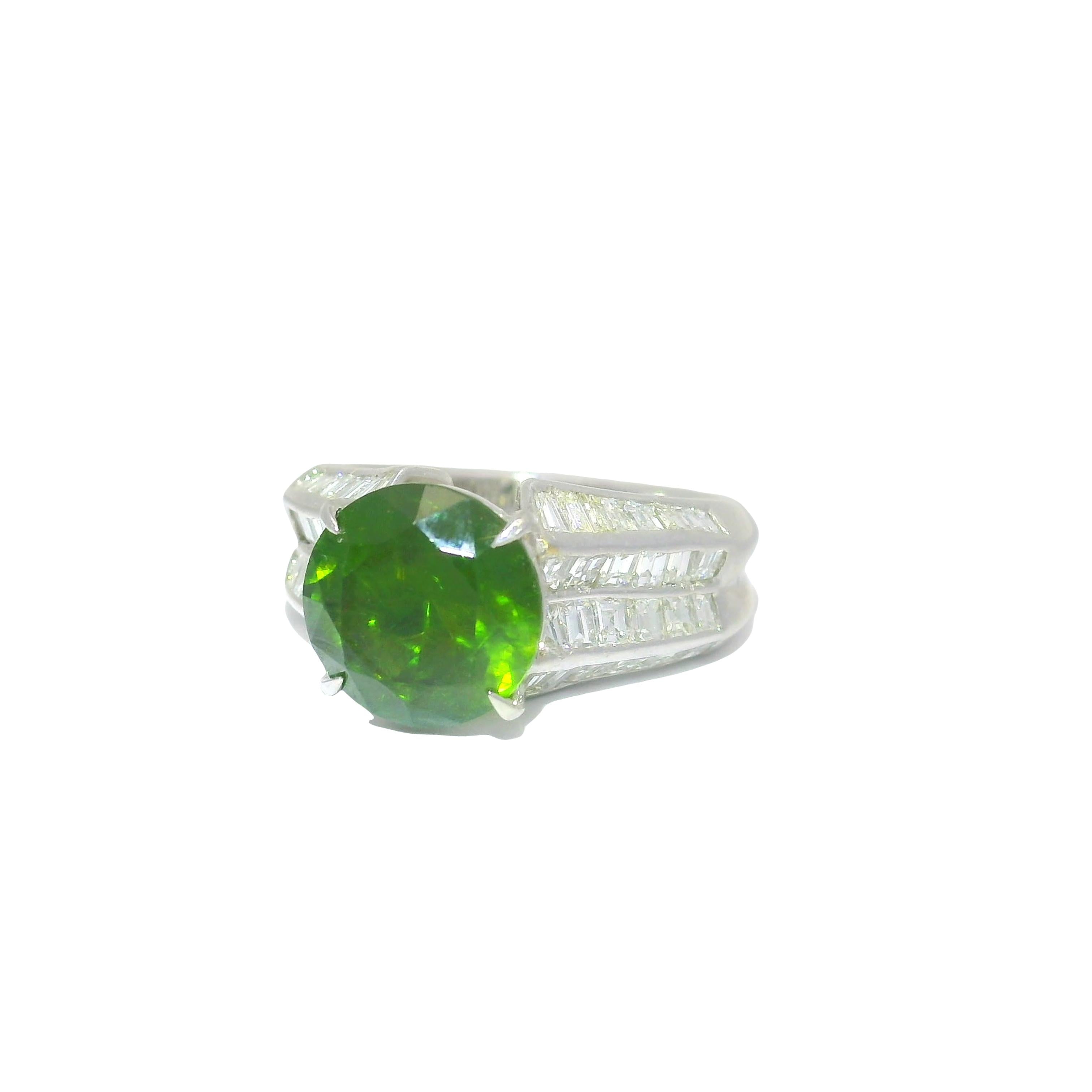 3.73 Carat Demantoid Garnet Diamond Platinum Ring, GRS Certified