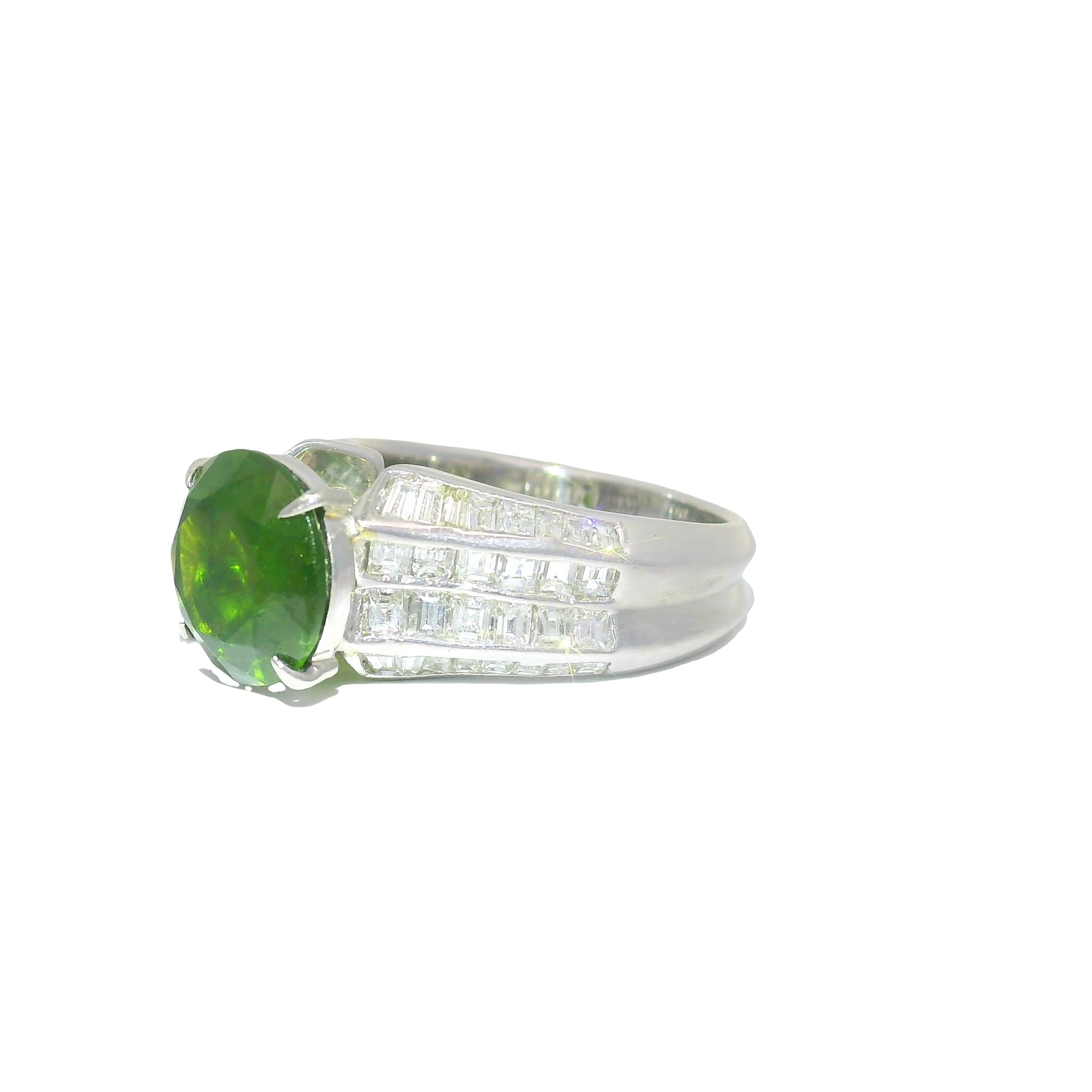 3.73 Carat Demantoid Garnet Diamond Platinum Ring, GRS Certified