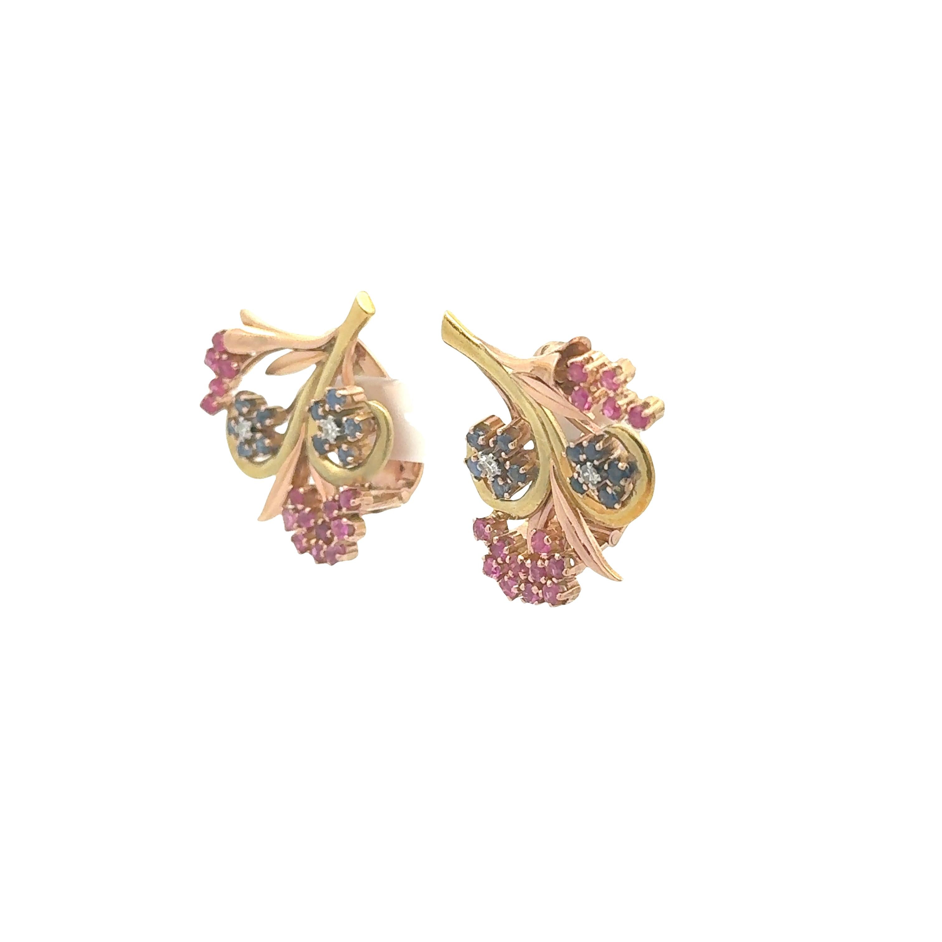 Retro Ruby Blue Sapphire Diamond 18K Two-Tone Floral Earrings