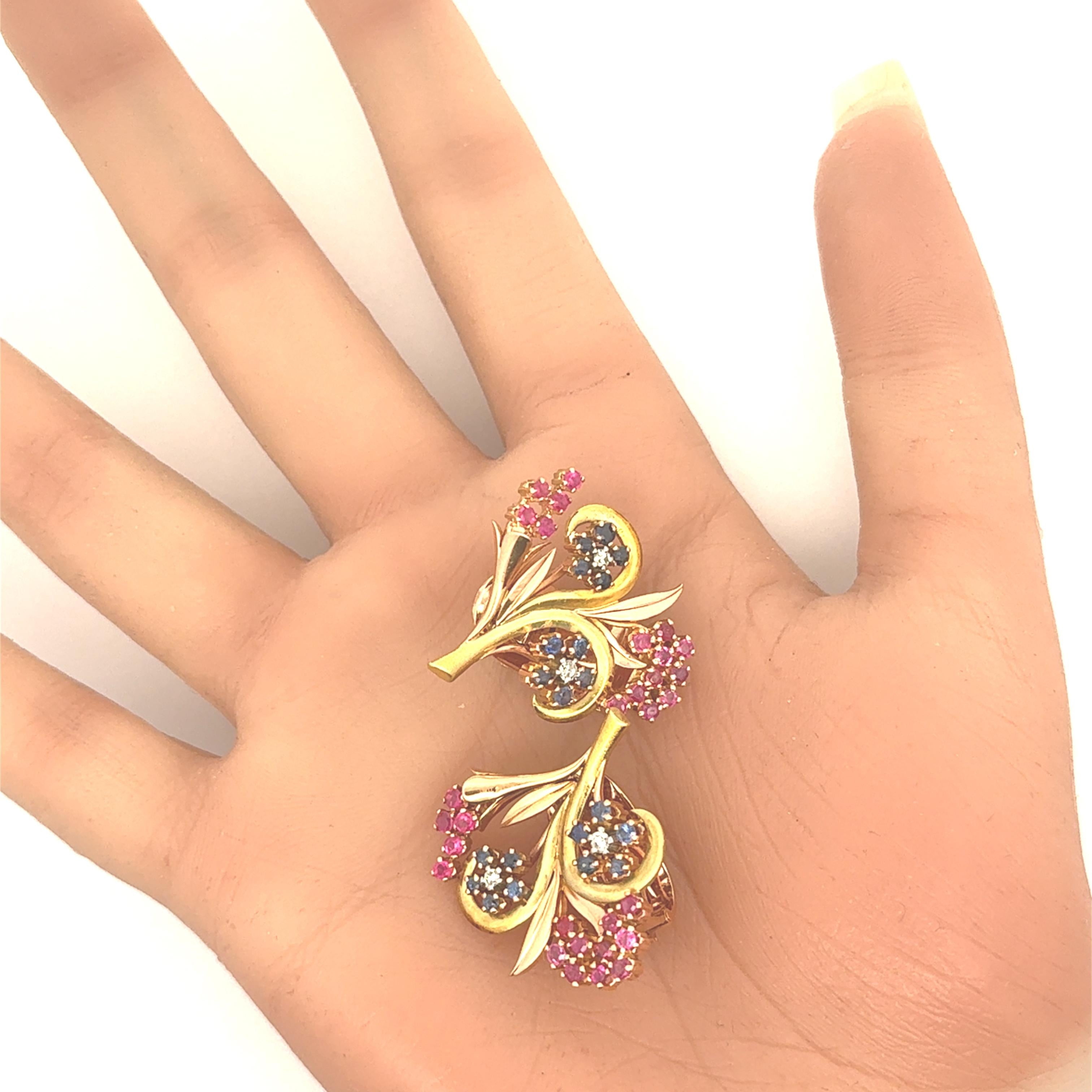 Retro Ruby Blue Sapphire Diamond 18K Two-Tone Floral Earrings