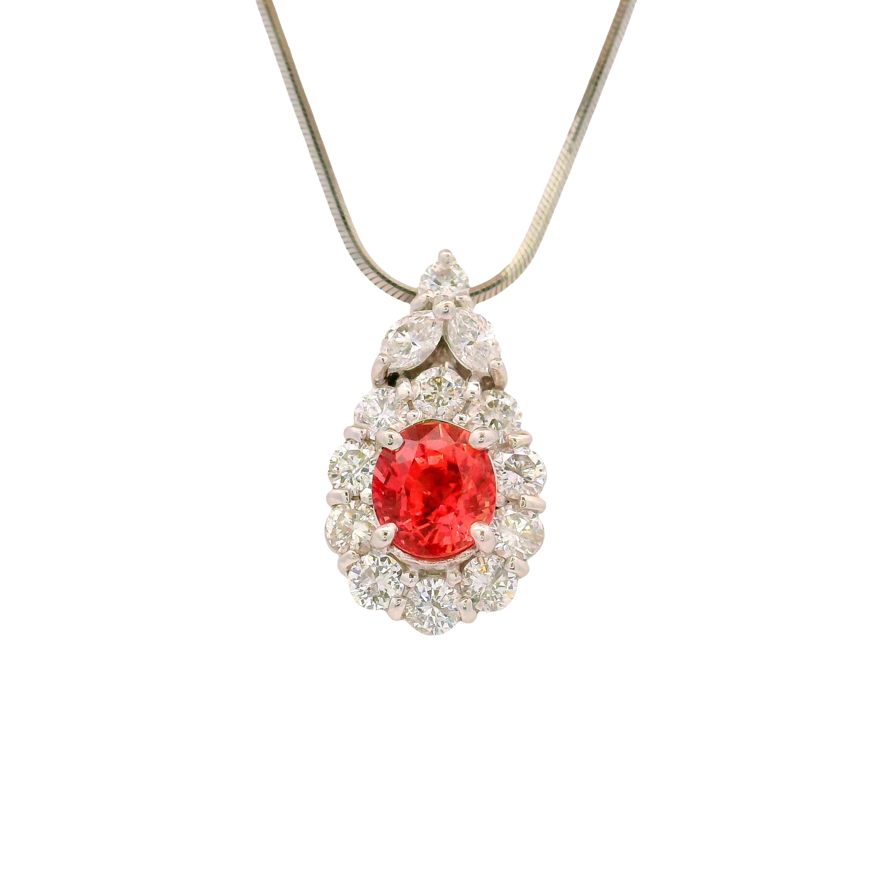 1.32 Carat Padparadscha Sapphire Diamond Platinum Halo Pendant Necklace, GIA