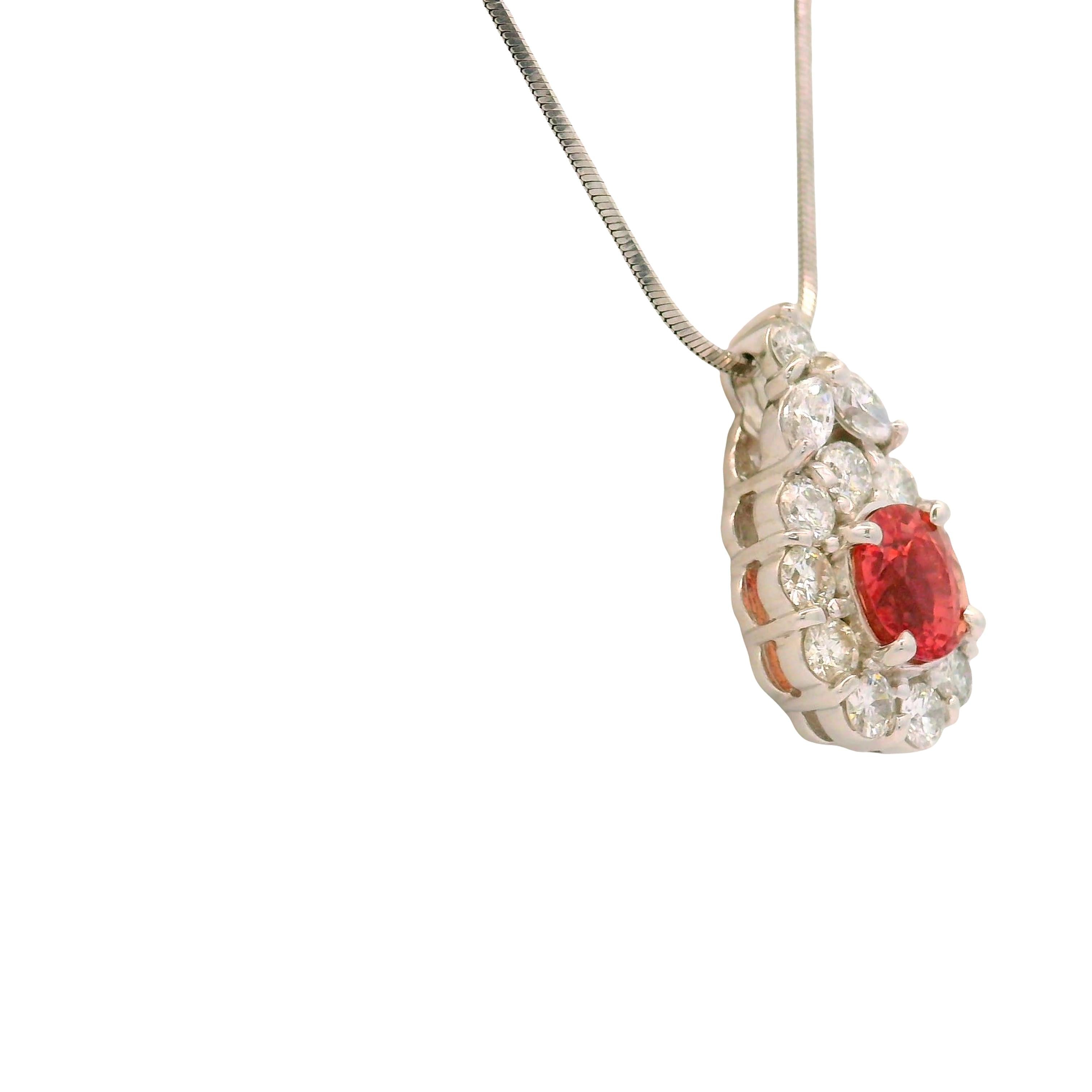 1.32 Carat Padparadscha Sapphire Diamond Platinum Halo Pendant Necklace, GIA