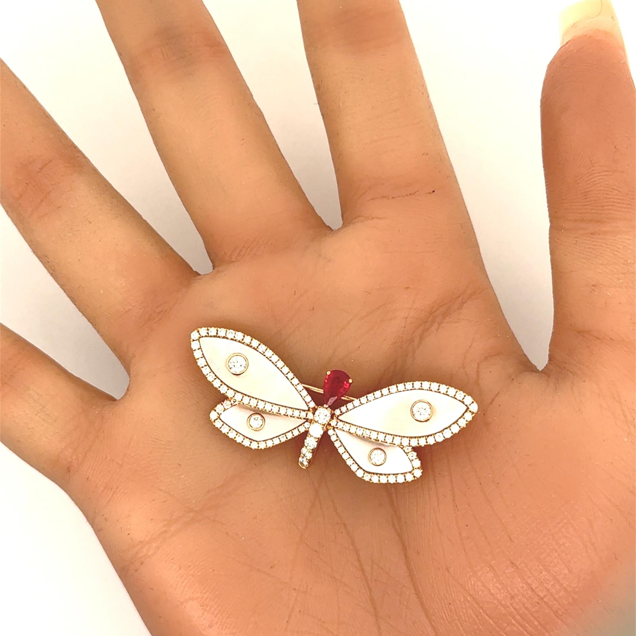 Mother-of-Pearl Diamond Ruby 18K Rose Gold Dragonfly Brooch