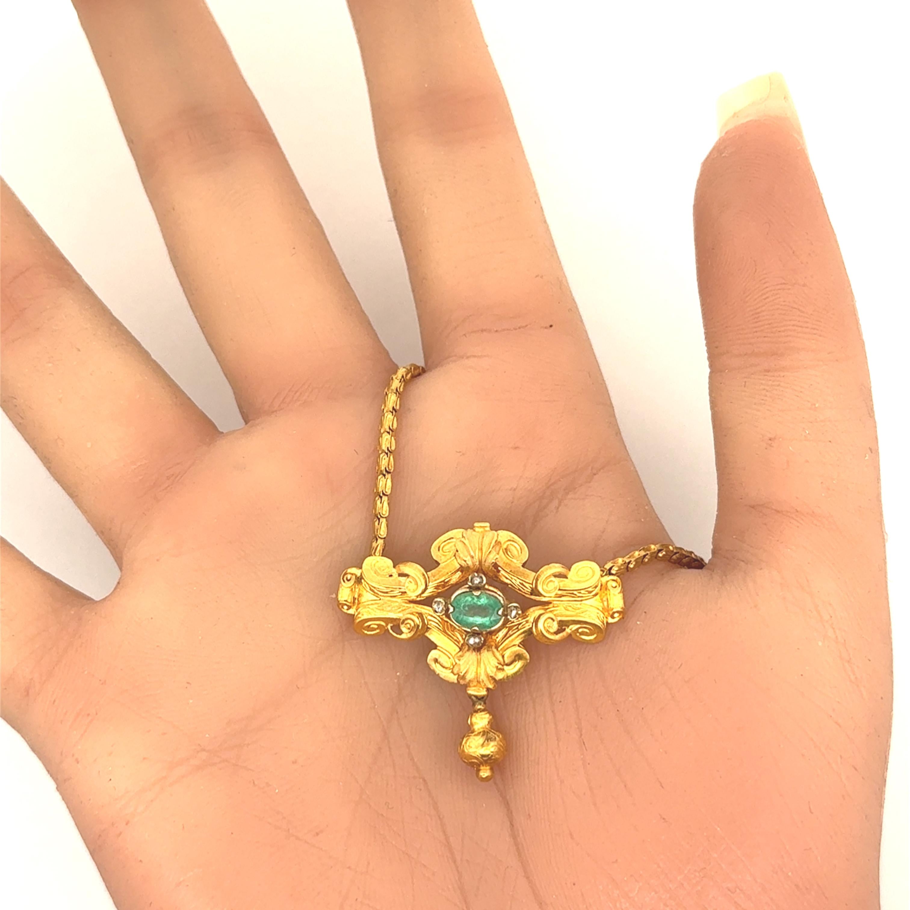 French Antique Emerald Diamond 18K Yellow Gold Necklace