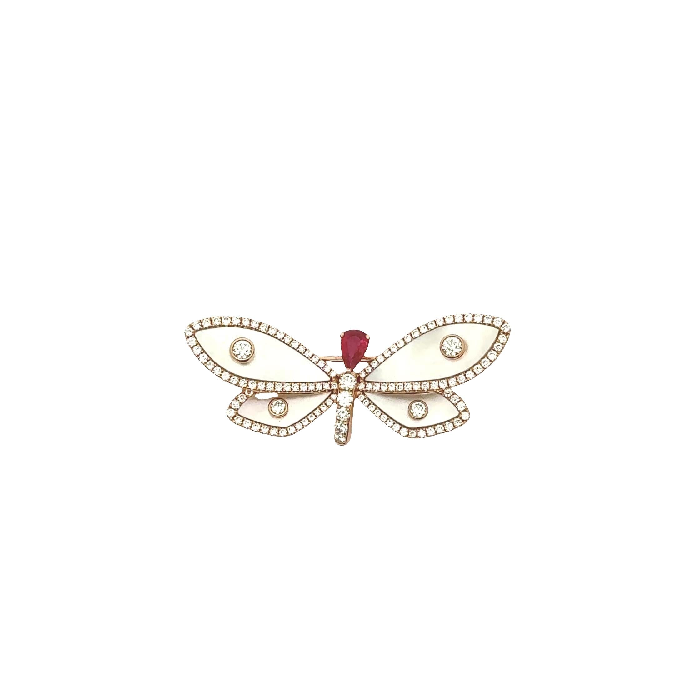 Mother-of-Pearl Diamond Ruby 18K Rose Gold Dragonfly Brooch