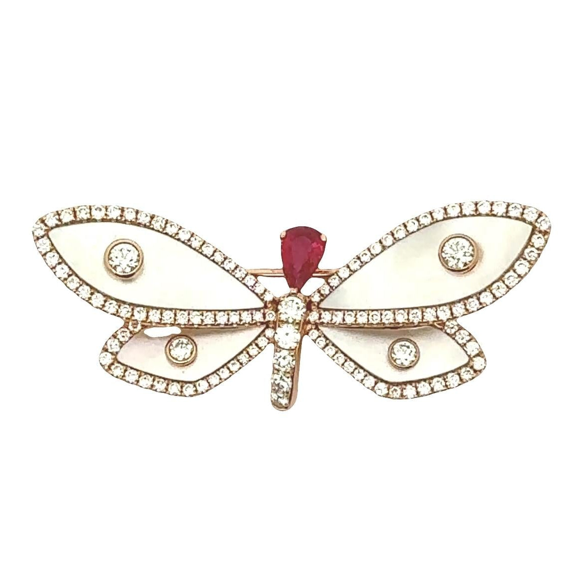 Mother-of-Pearl Diamond Ruby 18K Rose Gold Dragonfly Brooch