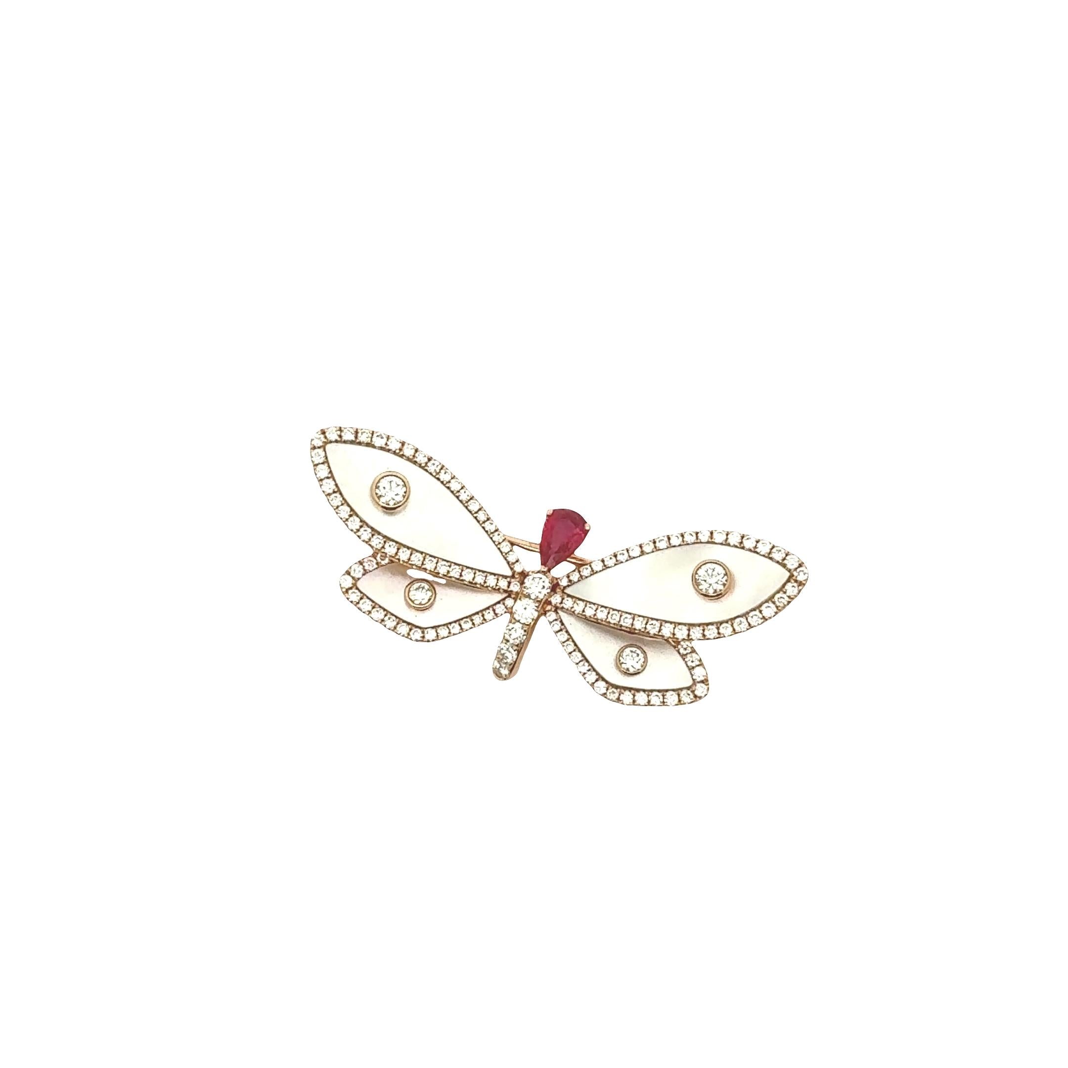 Mother-of-Pearl Diamond Ruby 18K Rose Gold Dragonfly Brooch