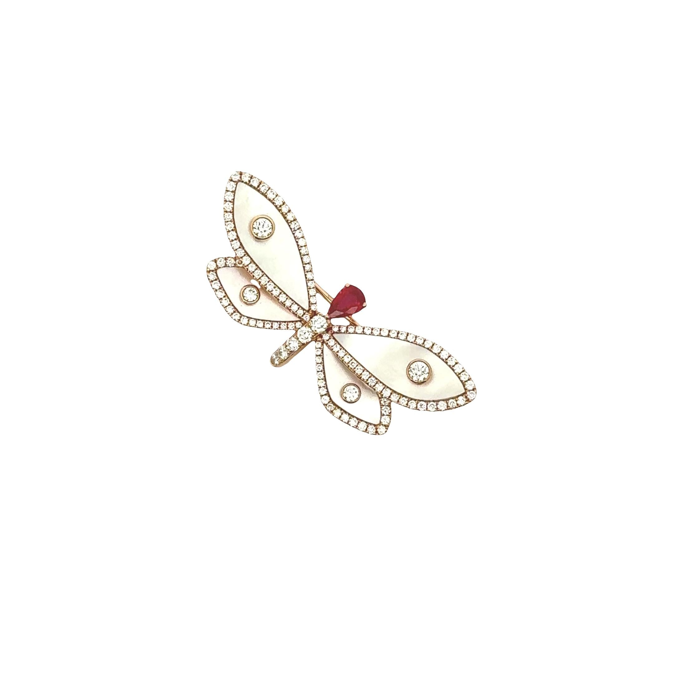 Mother-of-Pearl Diamond Ruby 18K Rose Gold Dragonfly Brooch