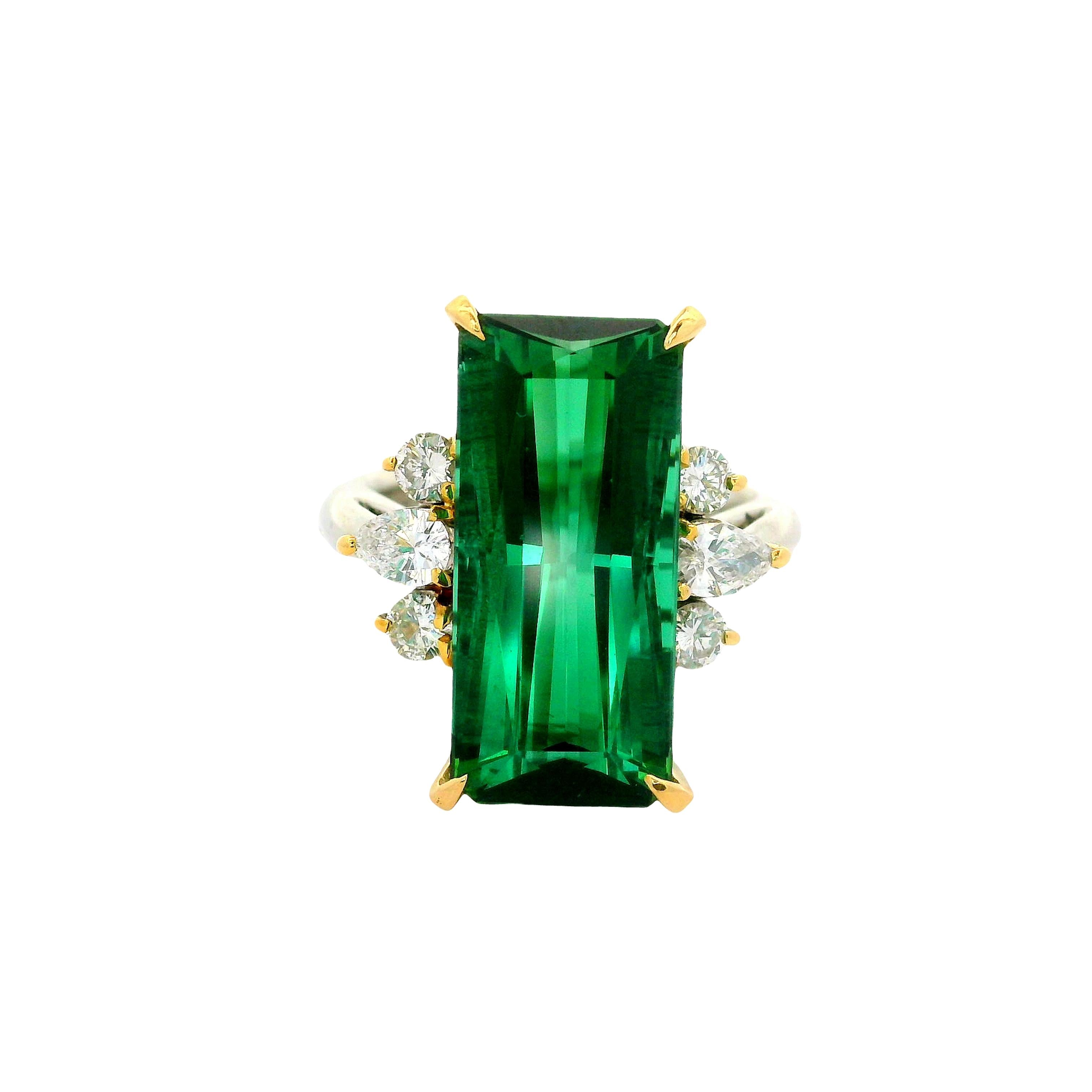 9.68 Carat Green Tourmaline Diamond Platinum 18K Yellow Gold Ring