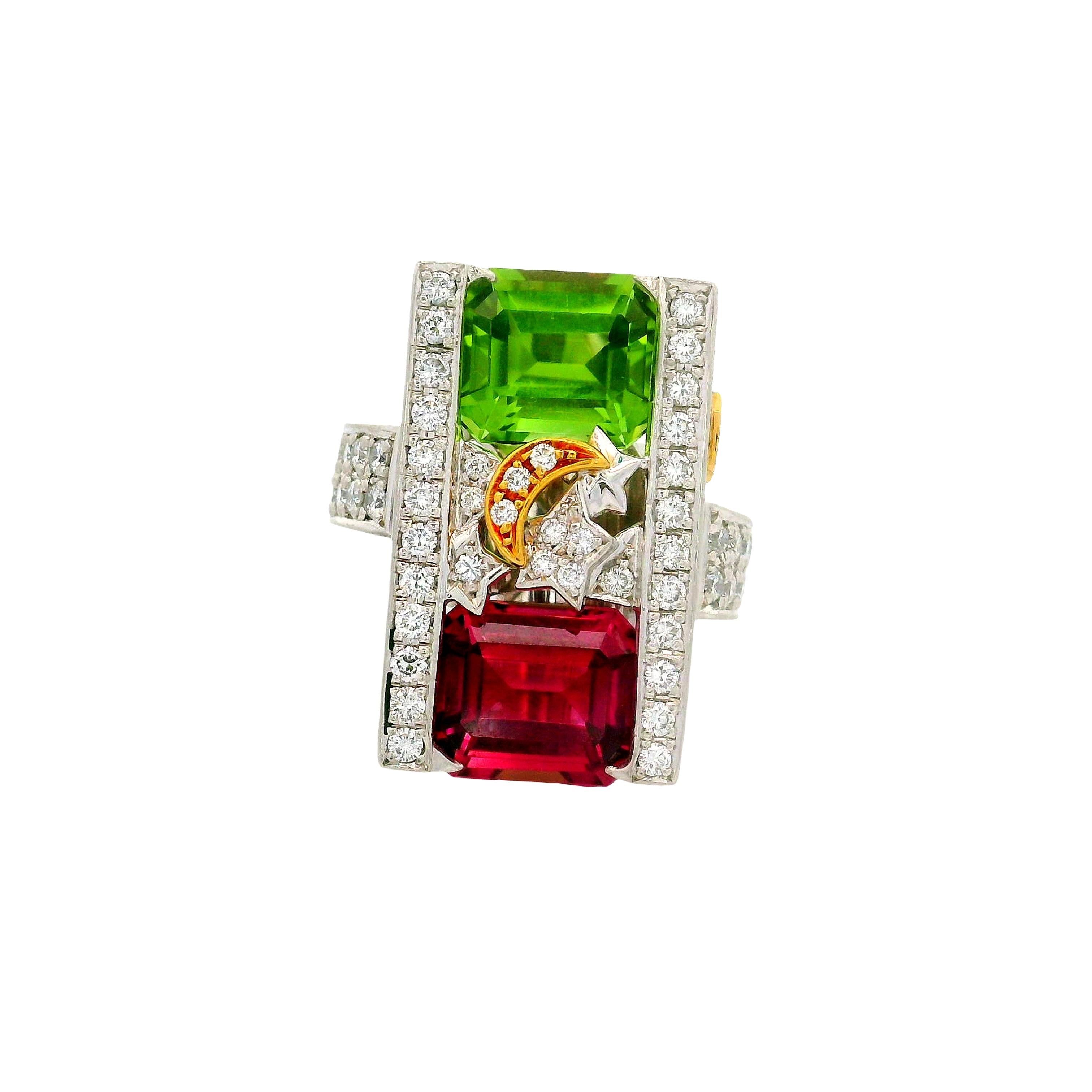 Green and Pink Tourmaline Diamond Platinum 18K Gold Stars-Moon Ring