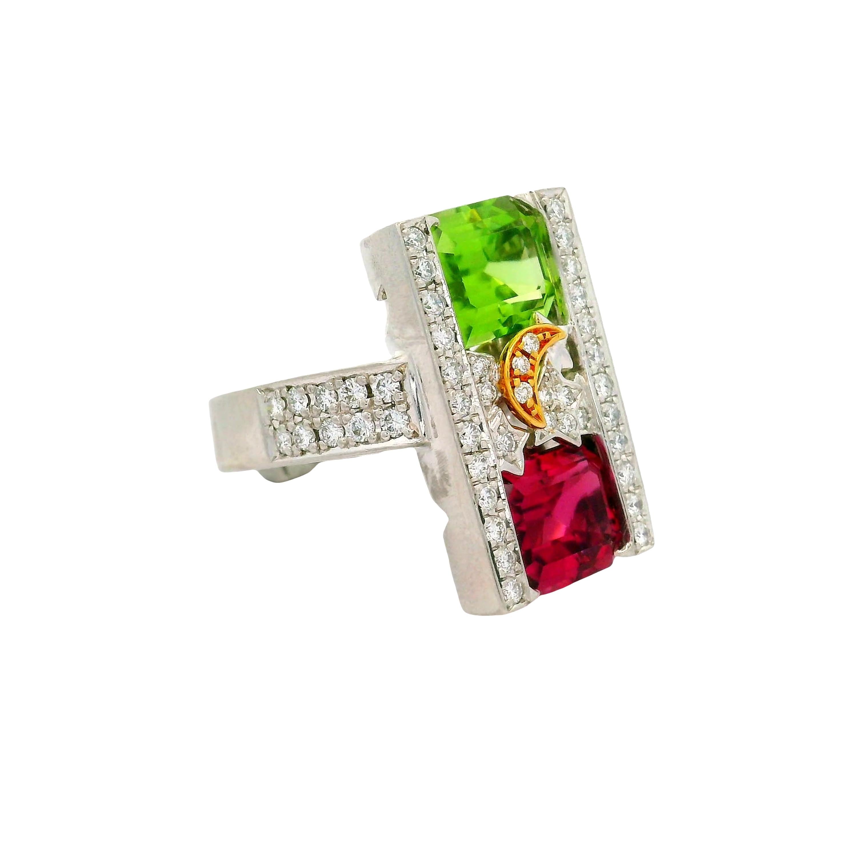 Green and Pink Tourmaline Diamond Platinum 18K Gold Stars-Moon Ring