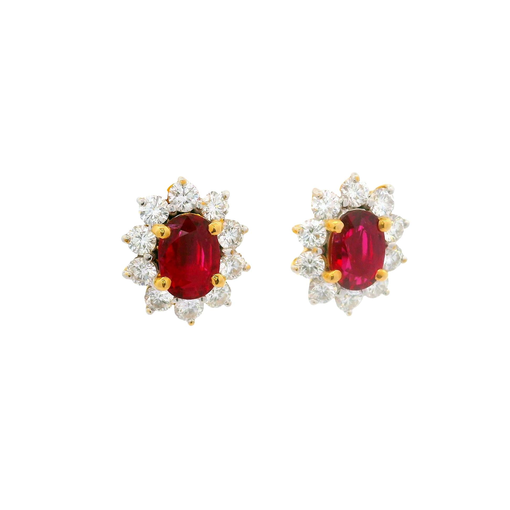 2.34 Carats Ruby Diamond 18k Yellow Gold Halo Earrings, GIA Certified